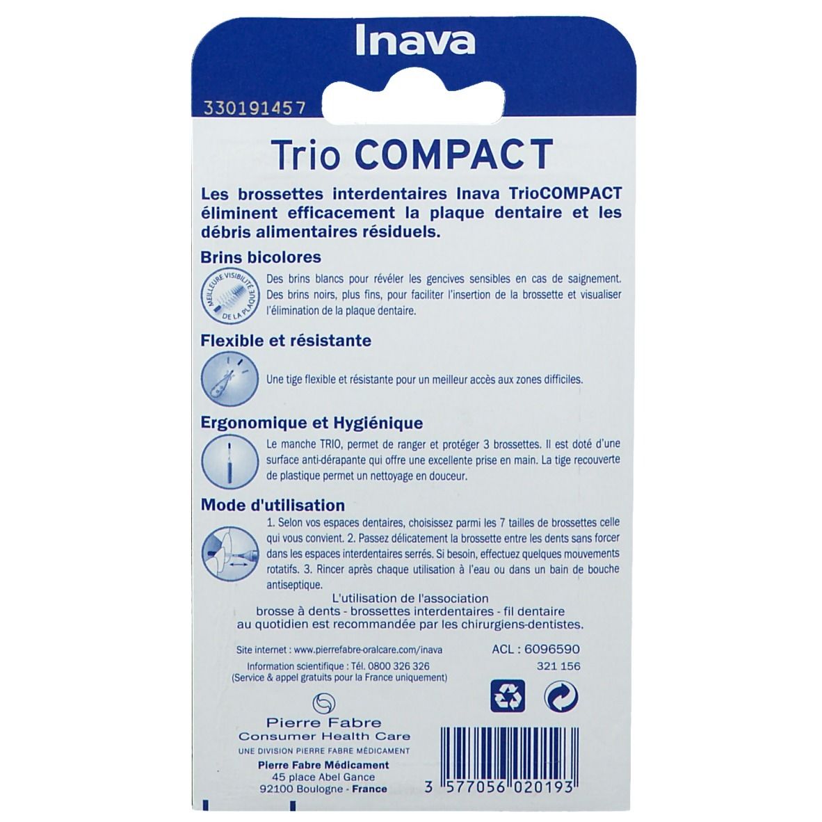 Dos de l'emballage. Texte: Trio Compact, description des brossettes, mode d'emploi. Marque: Inava.