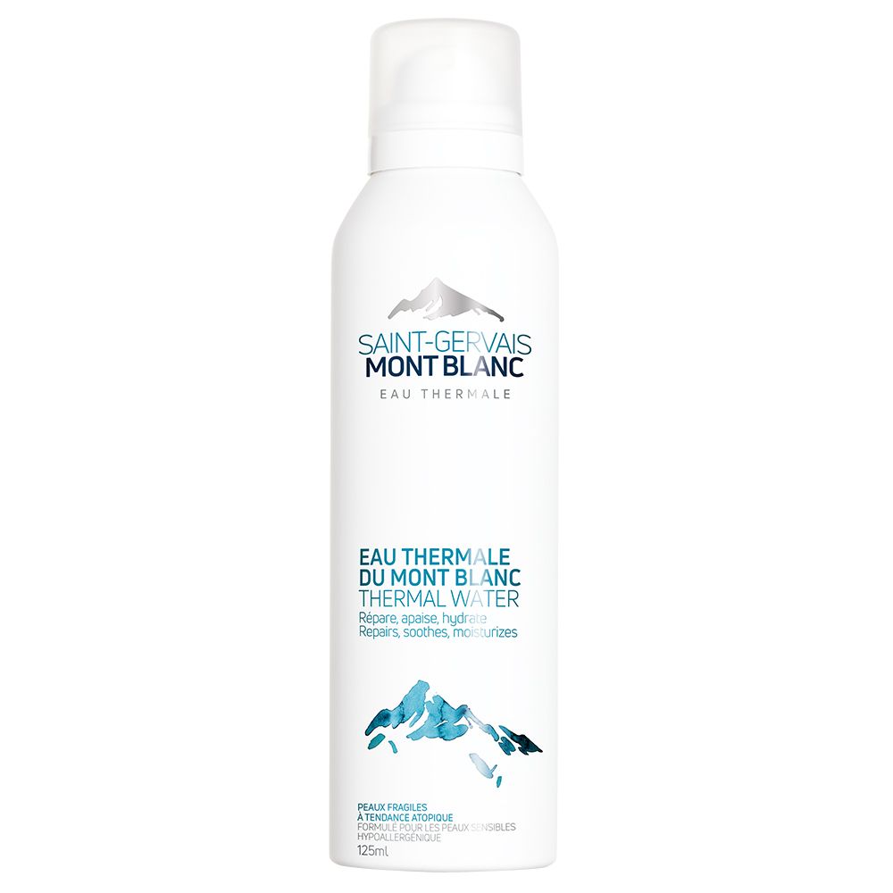 Spray blanc avec logo SAINT-GERVAIS MONT BLANC. Texte : Eau Thermale du Mont Blanc Thermal Water. 125ml.