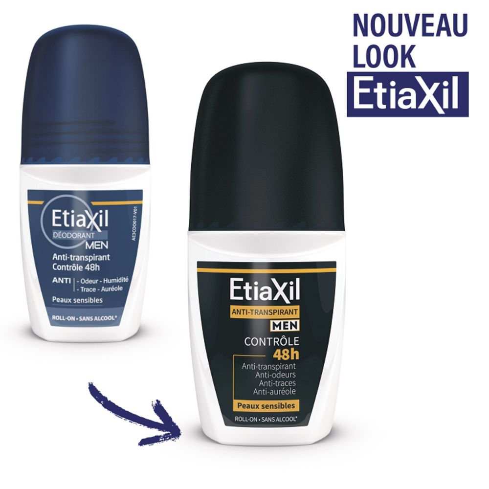 ETIAXIL - Déodorant Anti-transpirant - HOMME - Transpiration Modérée - Aisselles - Contrôle 48h - Roll-on - Lot de 2