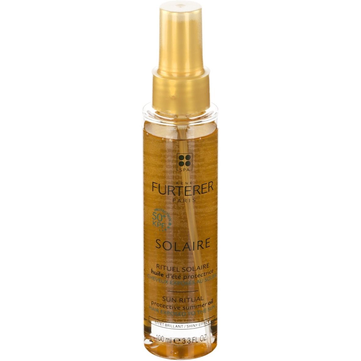 Flacon spray transparent avec bouchon doré. Inscriptions: FURTERER PARIS, Solaire. Huile solaire.