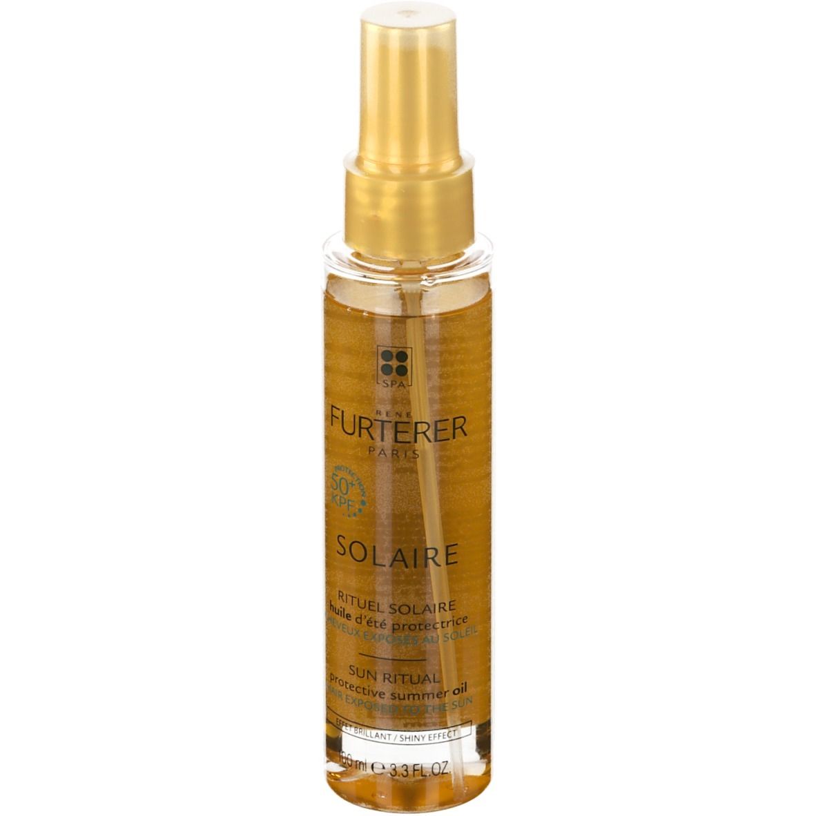 Flacon spray transparent avec bouchon doré. Inscriptions: FURTERER PARIS, Solaire. Huile solaire.