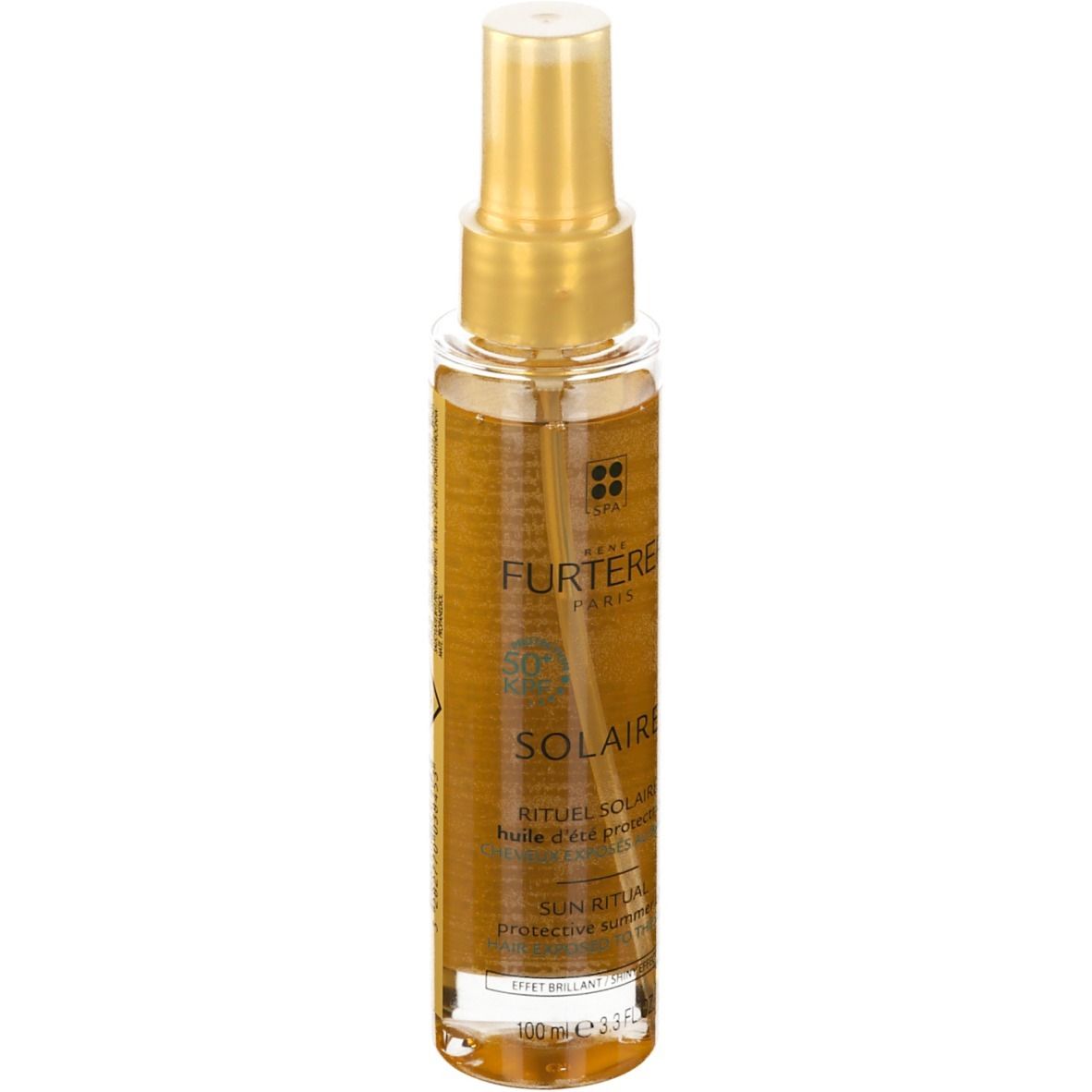 Flacon spray transparent avec bouchon doré. Inscriptions: FURTERER PARIS, Solaire. Huile solaire.