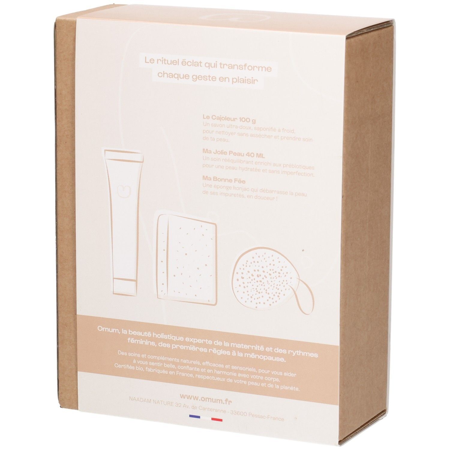 Dos de la boîte cadeau OMUM avec illustrations produit et texte.