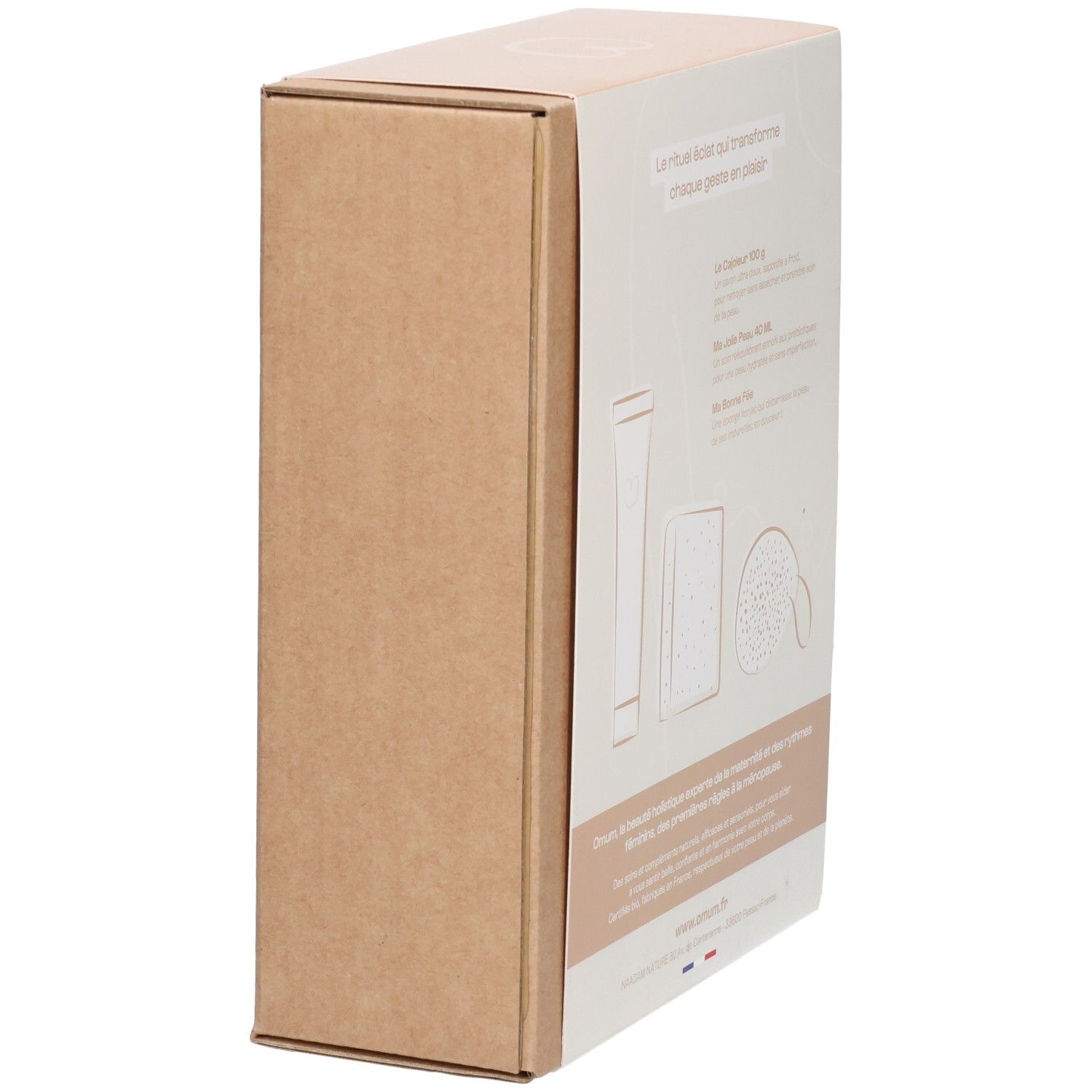 Vue latérale de la boîte cadeau OMUM 'Mon Rituel Glow'.