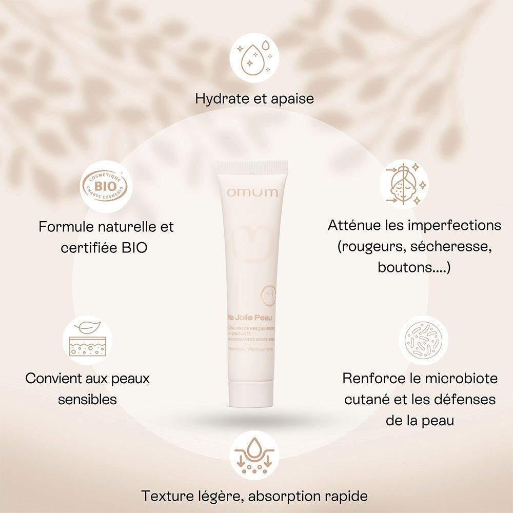 Tube de crème visage OMUM au centre, entouré d'icônes illustrant les bénéfices produit.