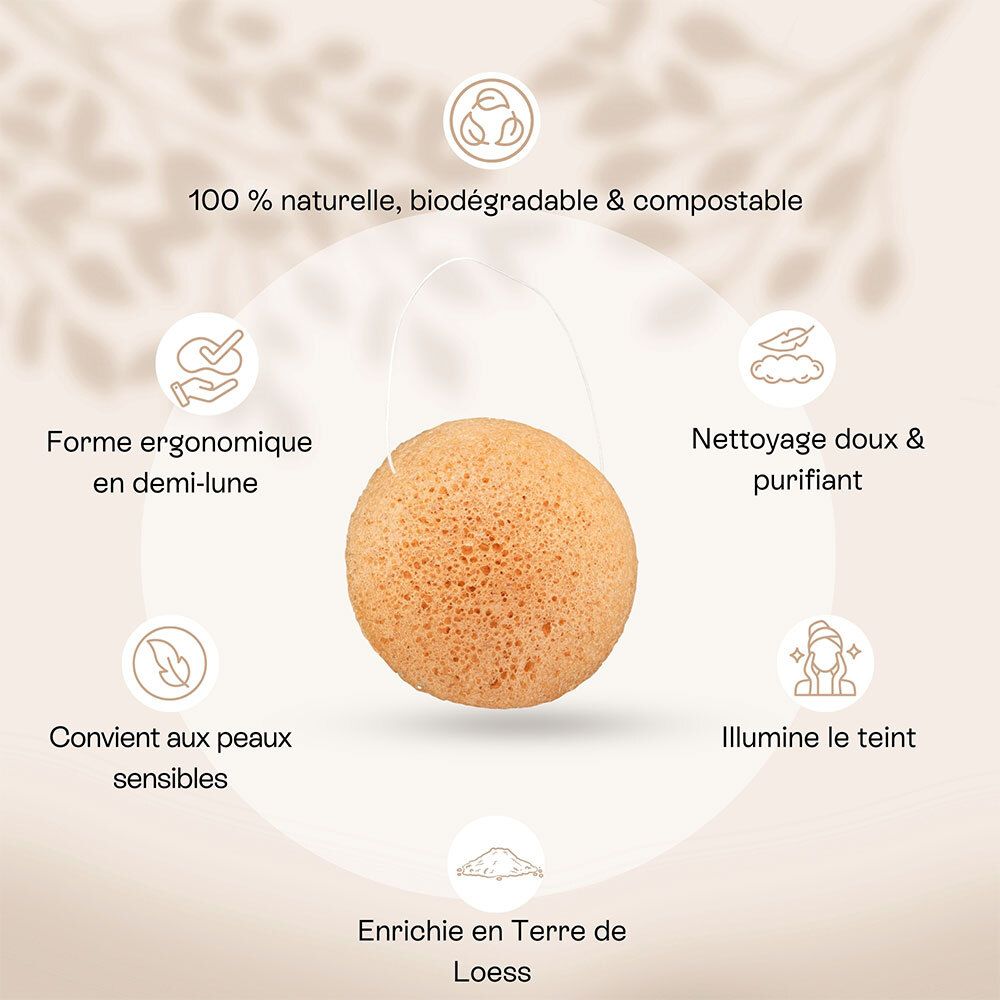 Éponge konjac OMUM au centre, entourée d'icônes décrivant ses propriétés.