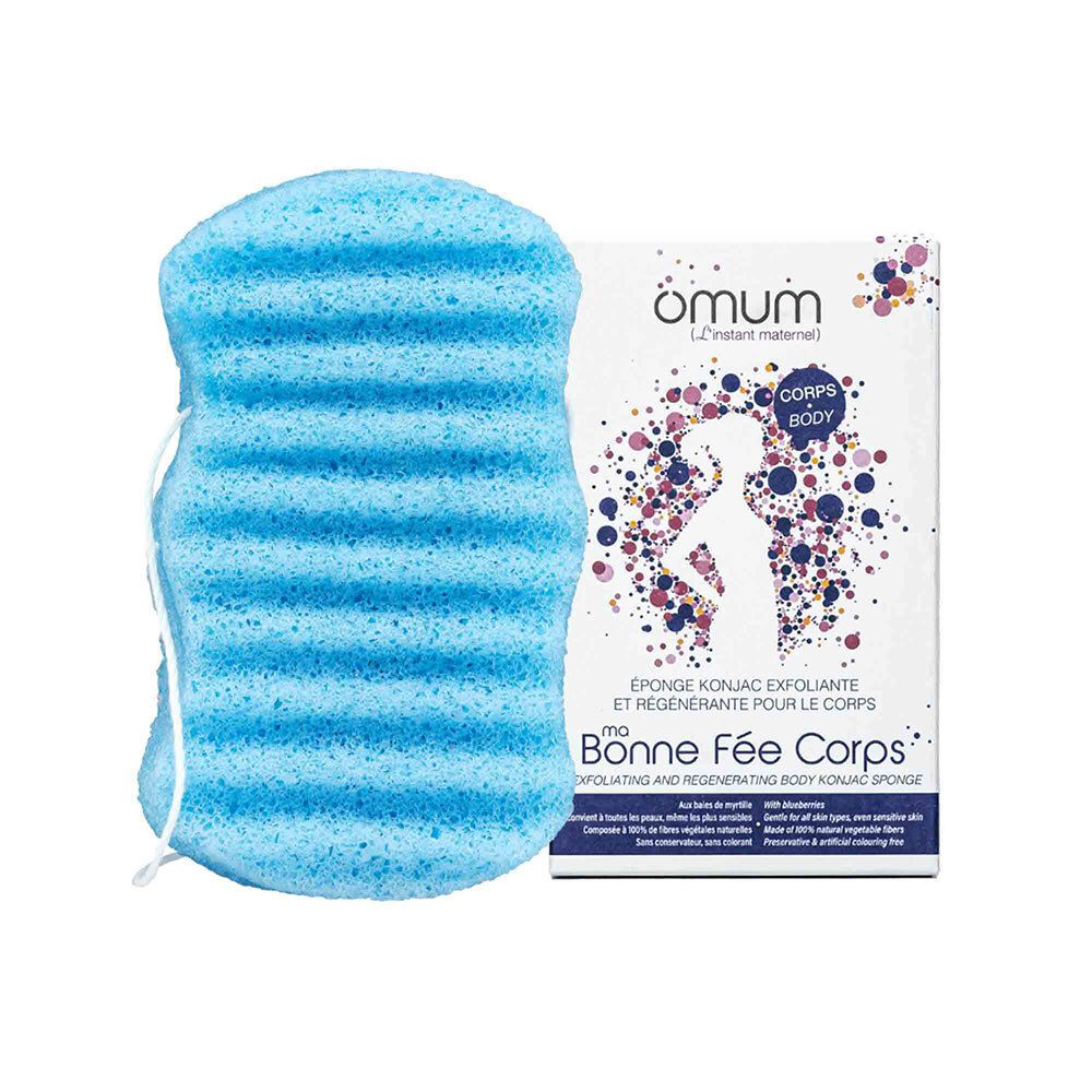 Éponge konjac bleue pour le corps avec cordon et emballage.