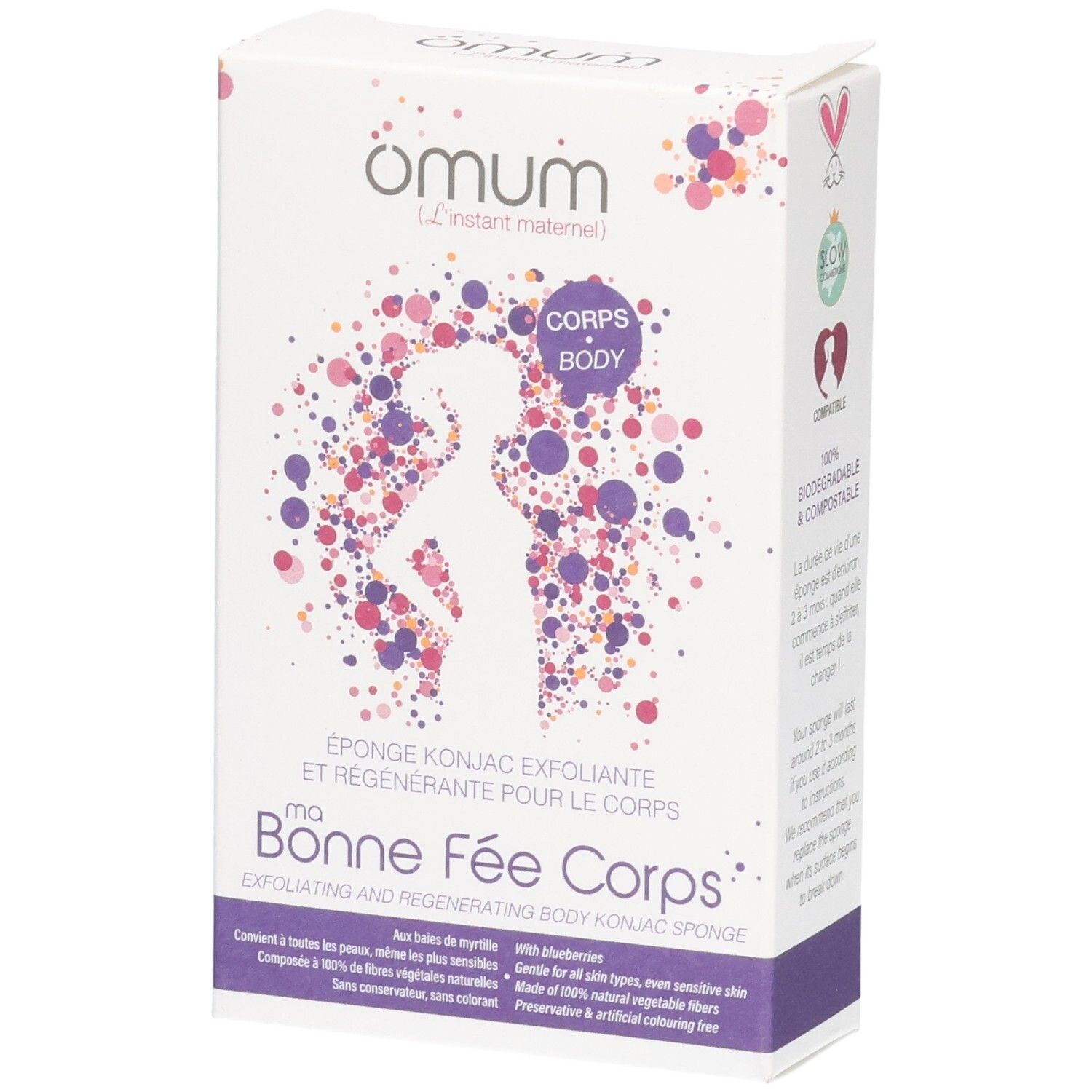 Emballage de l'éponge konjac exfoliante pour le corps avec informations.