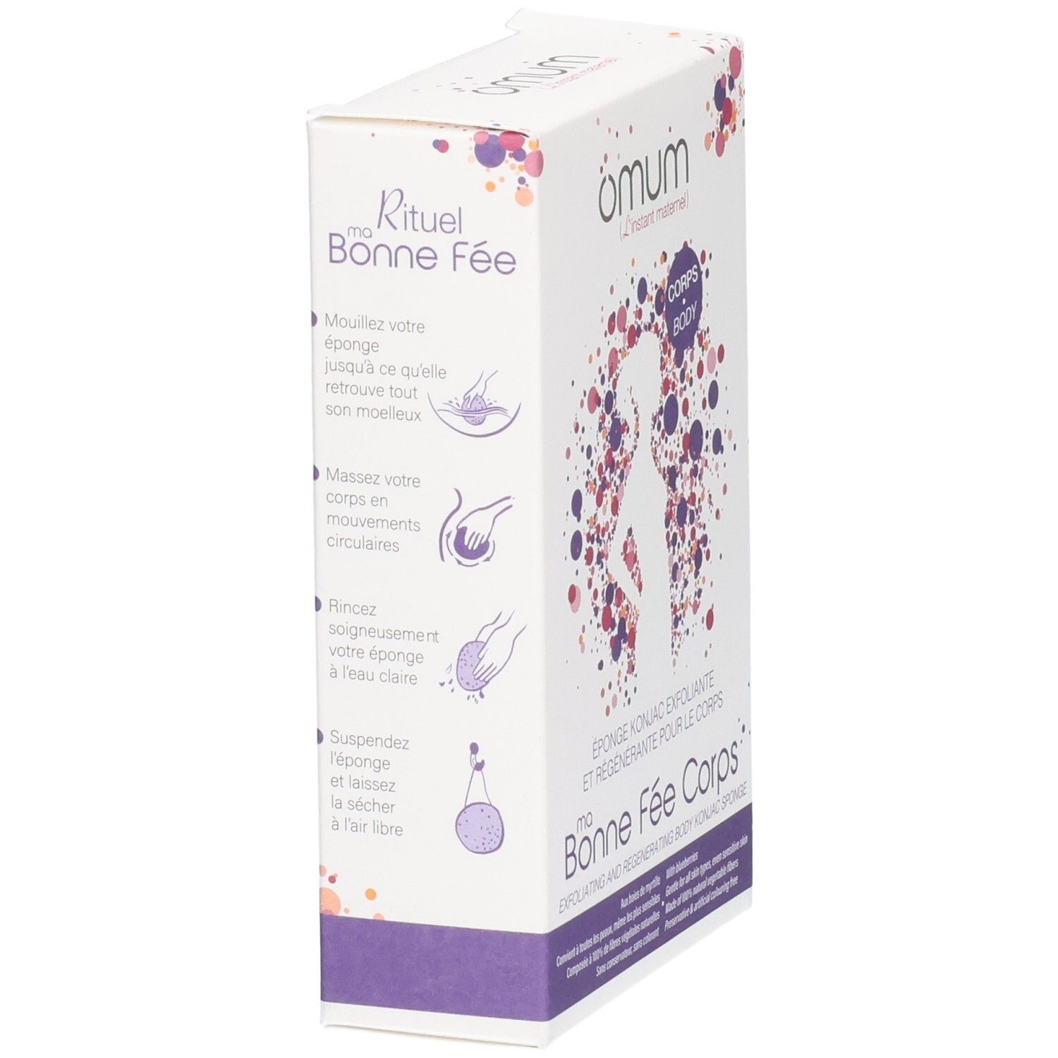 Vue latérale de l'emballage de l'éponge konjac exfoliante avec instructions.