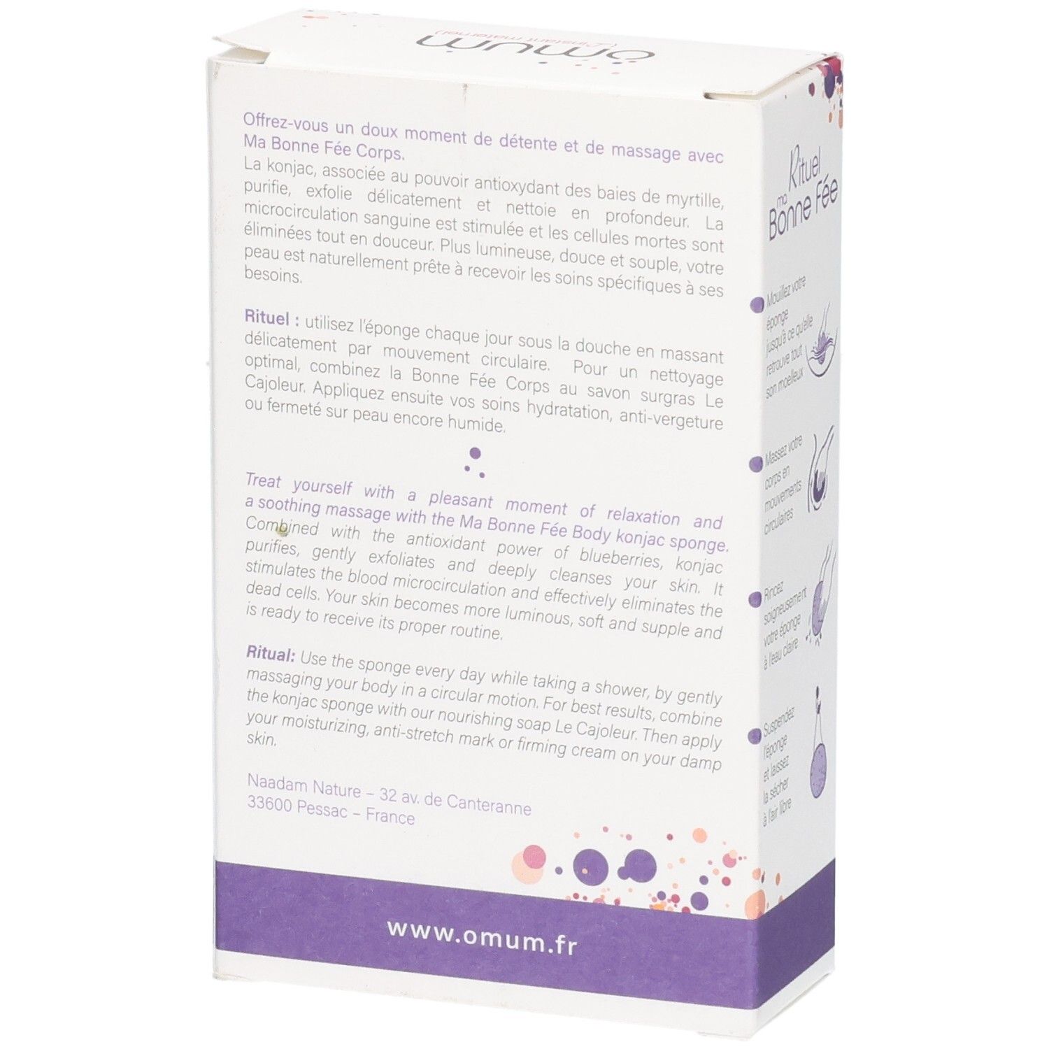 Arrière de l'emballage de l'éponge konjac exfoliante avec description.