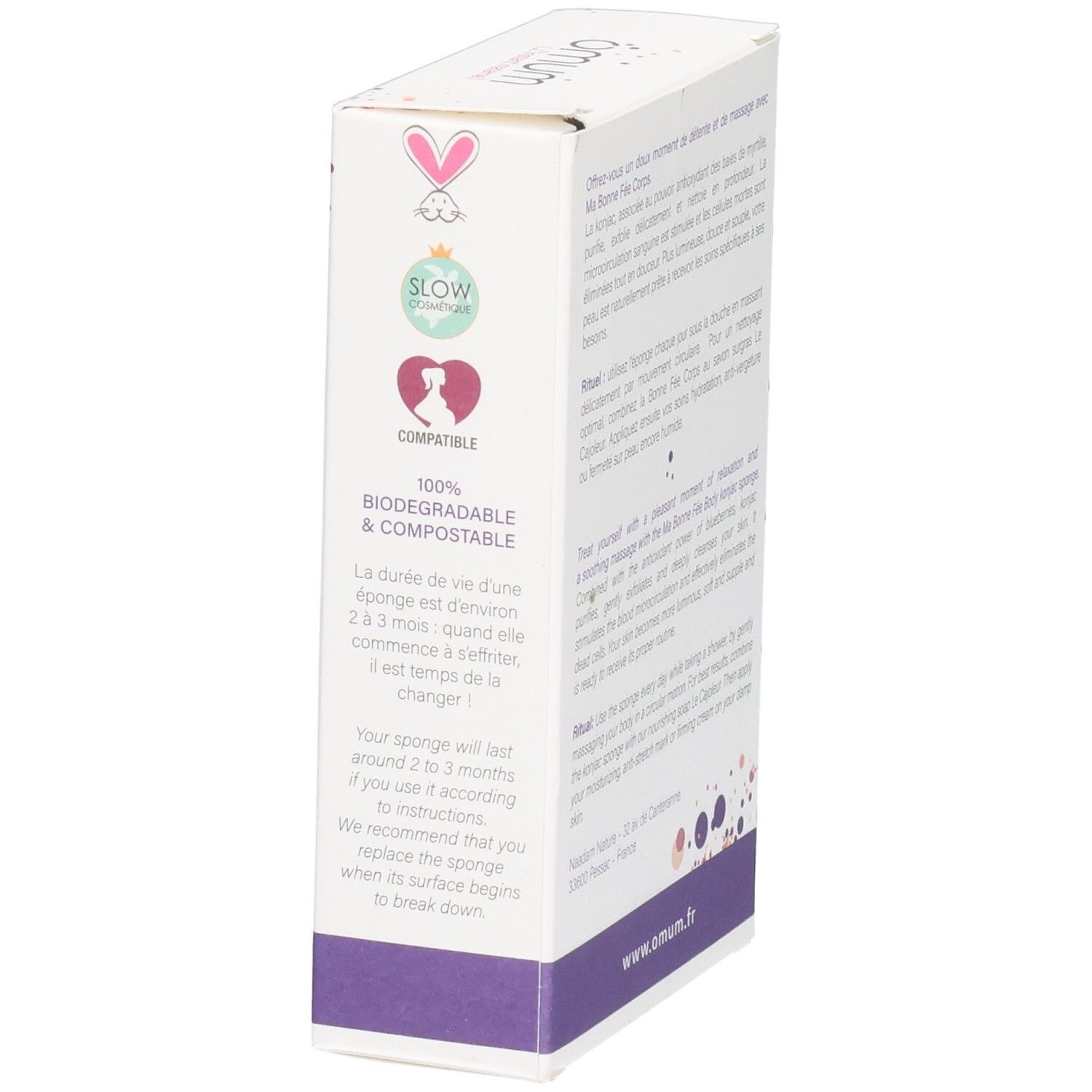 Vue latérale de l'emballage de l'éponge konjac exfoliante avec certifications.