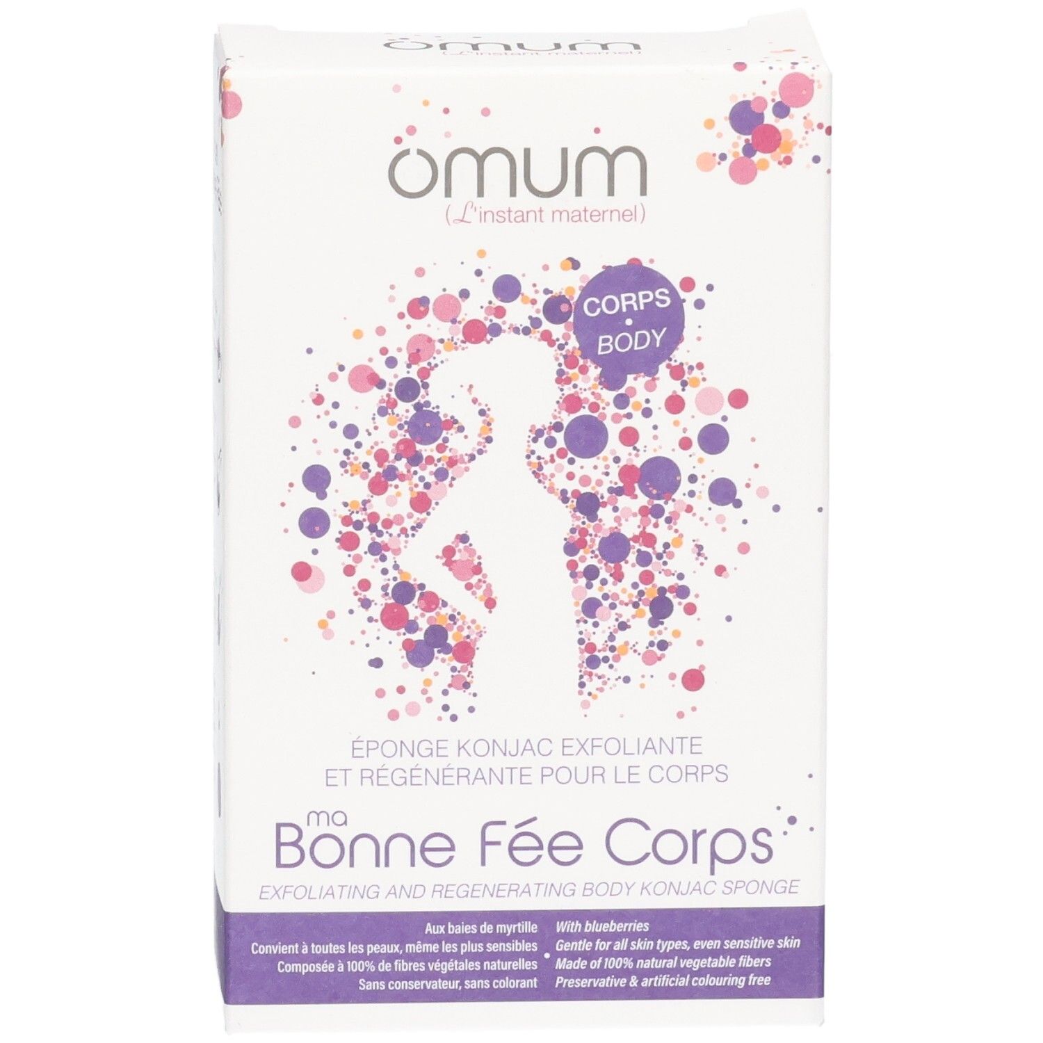 Avant de l'emballage de l'éponge konjac exfoliante avec nom du produit.