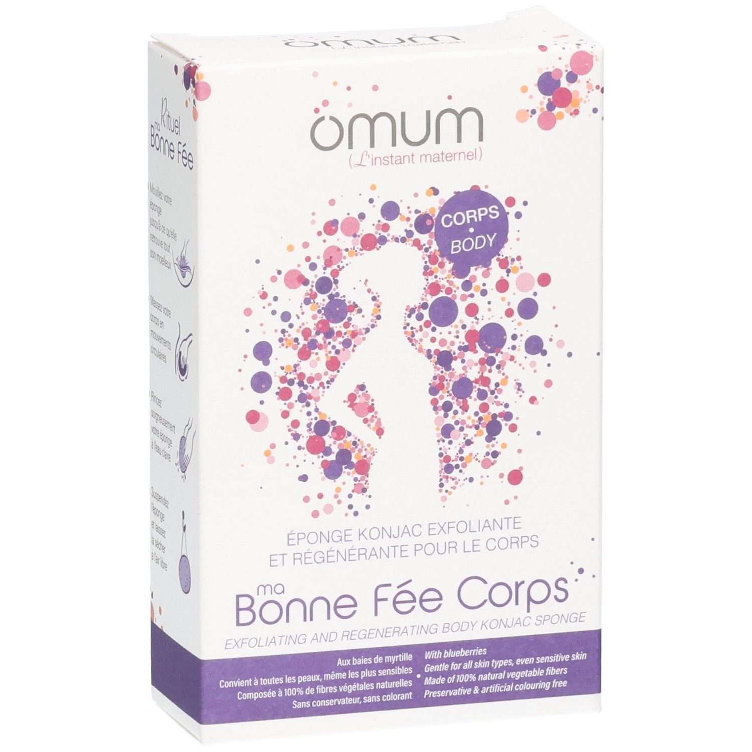 Emballage de l'éponge konjac exfoliante avec nom et illustration.