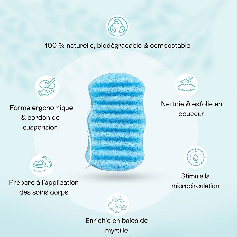 Éponge konjac bleue pour le corps avec cordon, entourée d'icônes.