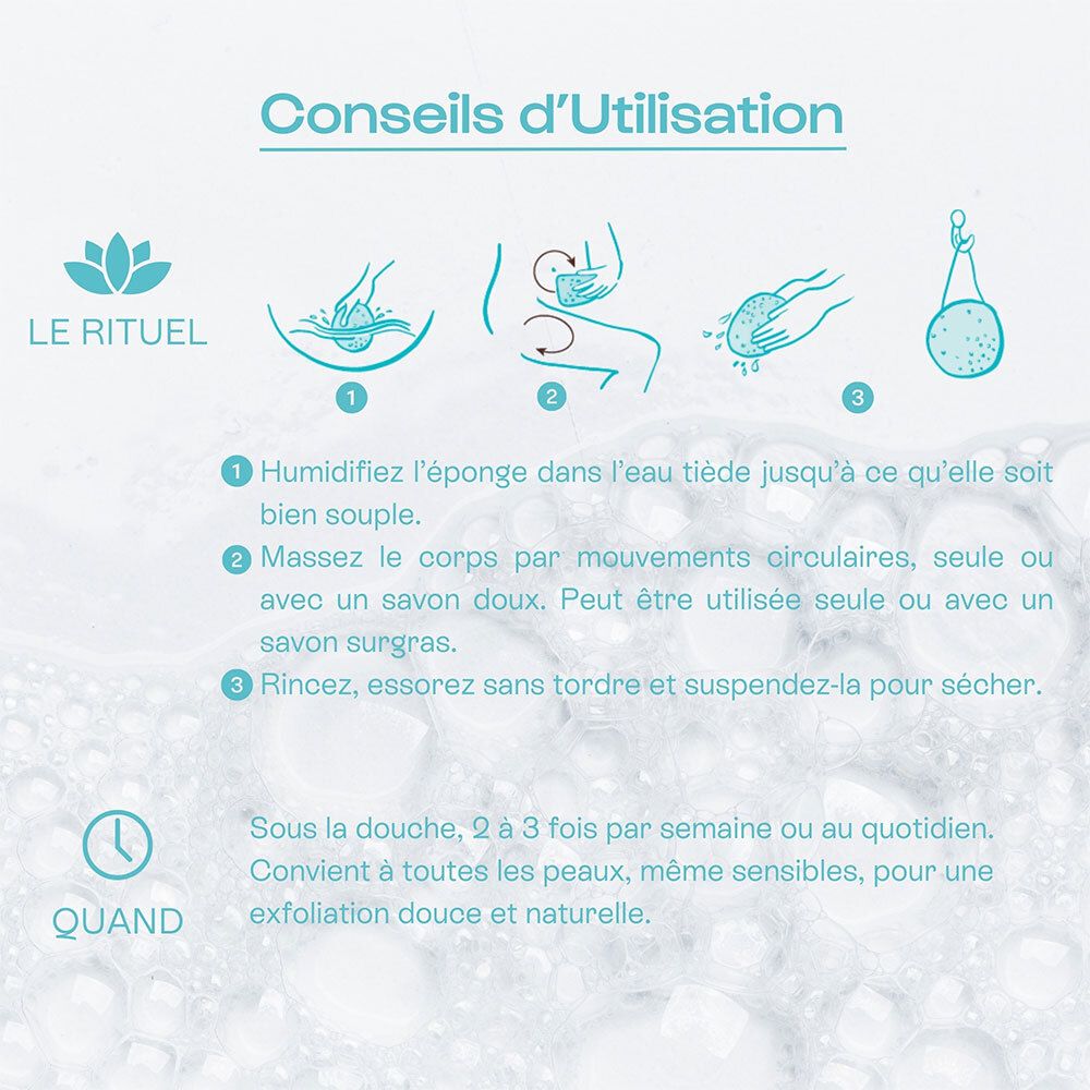 Instructions d'utilisation pour l'éponge konjac exfoliante pour le corps.