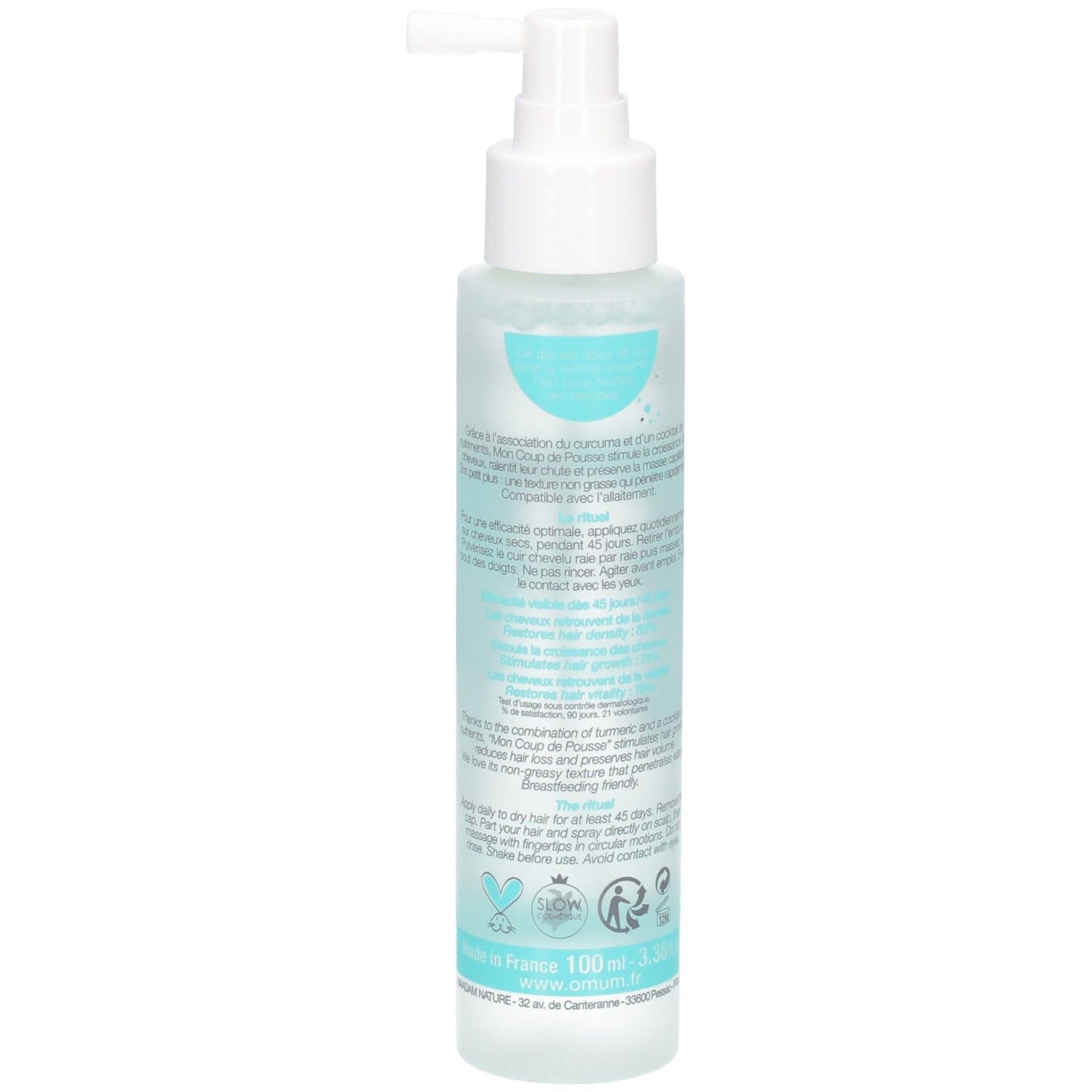 Arrière de la bouteille de lotion OMUM Mon Coup de Pousse avec instructions.