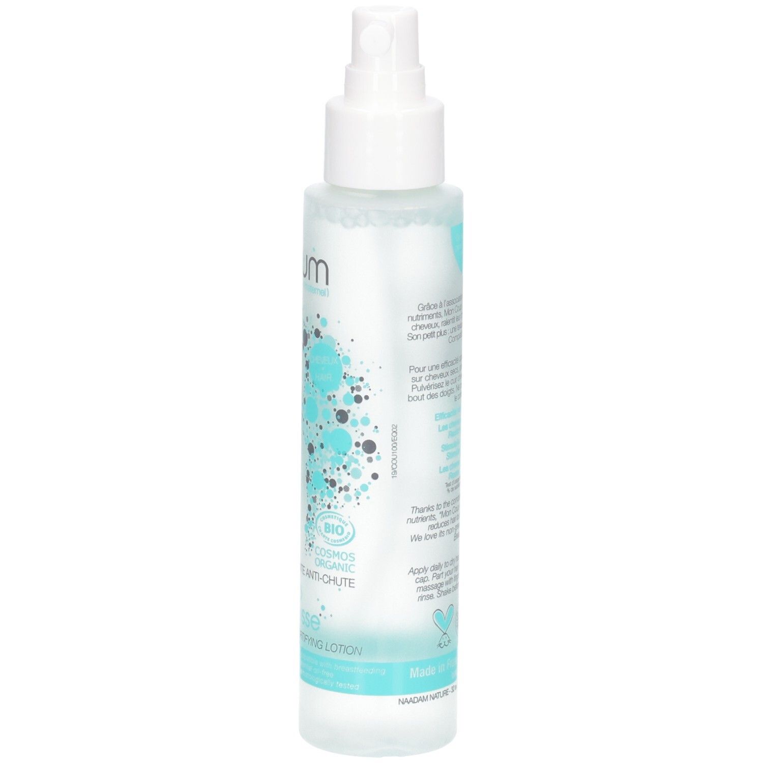 Côté de la bouteille de lotion OMUM Mon Coup de Pousse avec sceau bio.