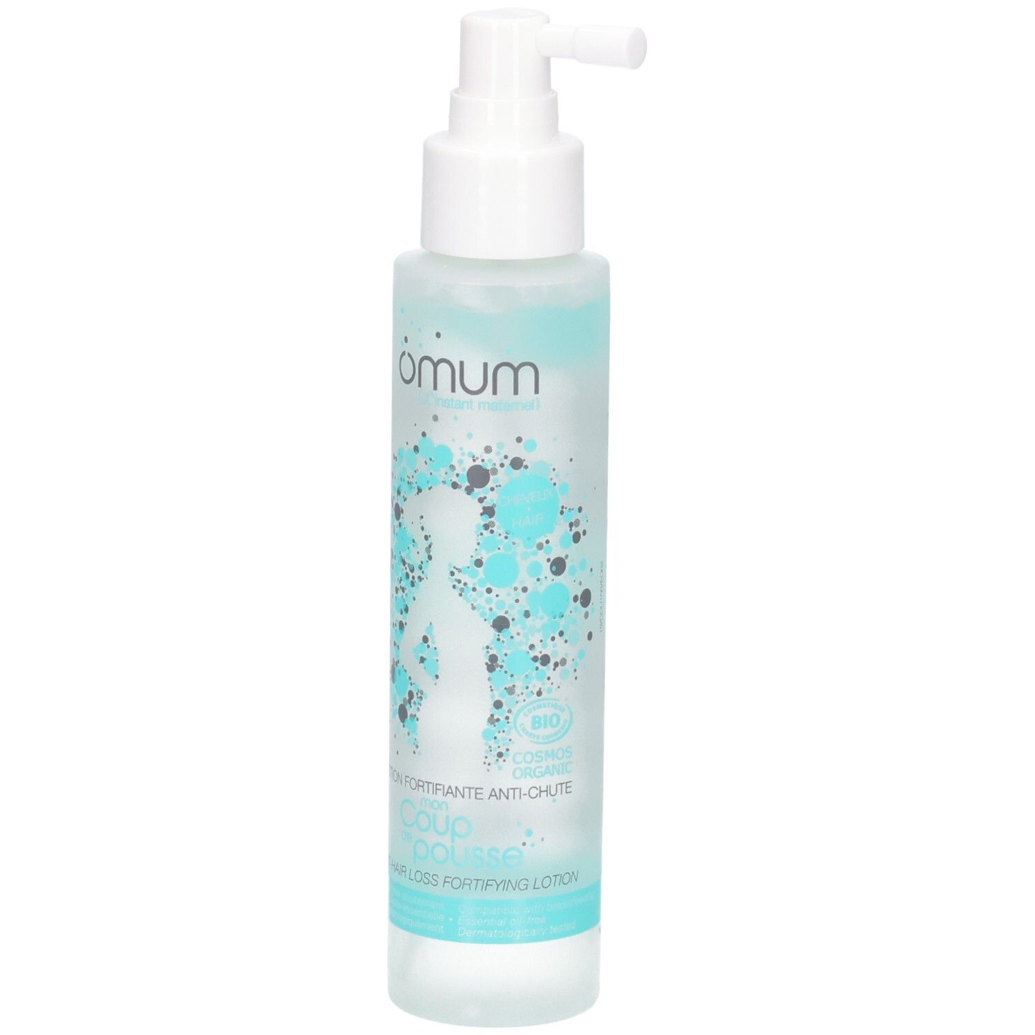 Lotion OMUM Mon Coup de Pousse avec spray et silhouette stylisée.