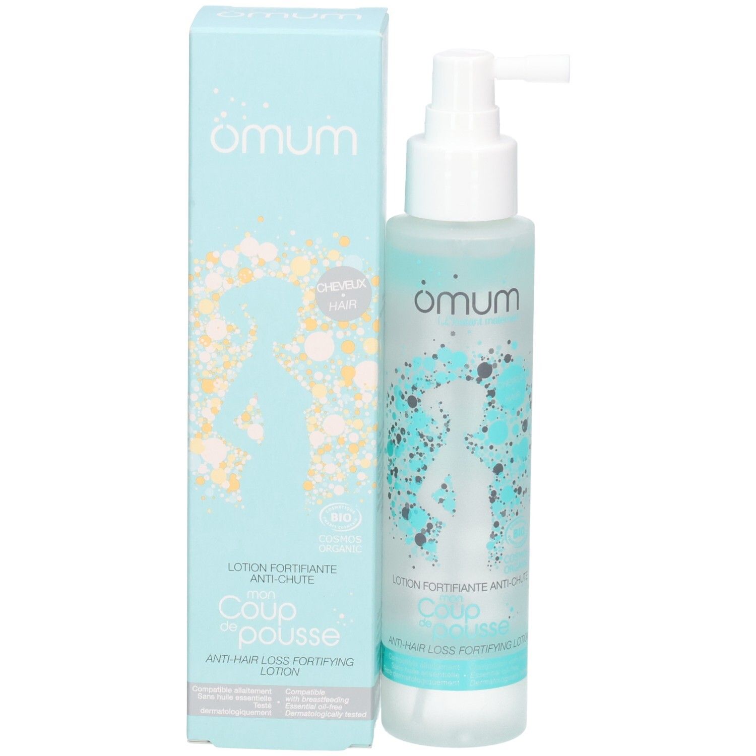Lotion OMUM Mon Coup de Pousse et boîte pliante avec silhouette stylisée.