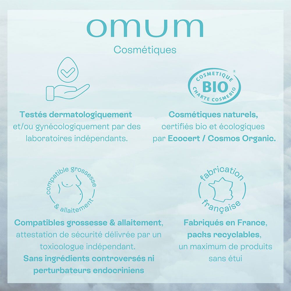 OMUM Cosmétiques : testé dermatologiquement, certifié bio, fabriqué en France.