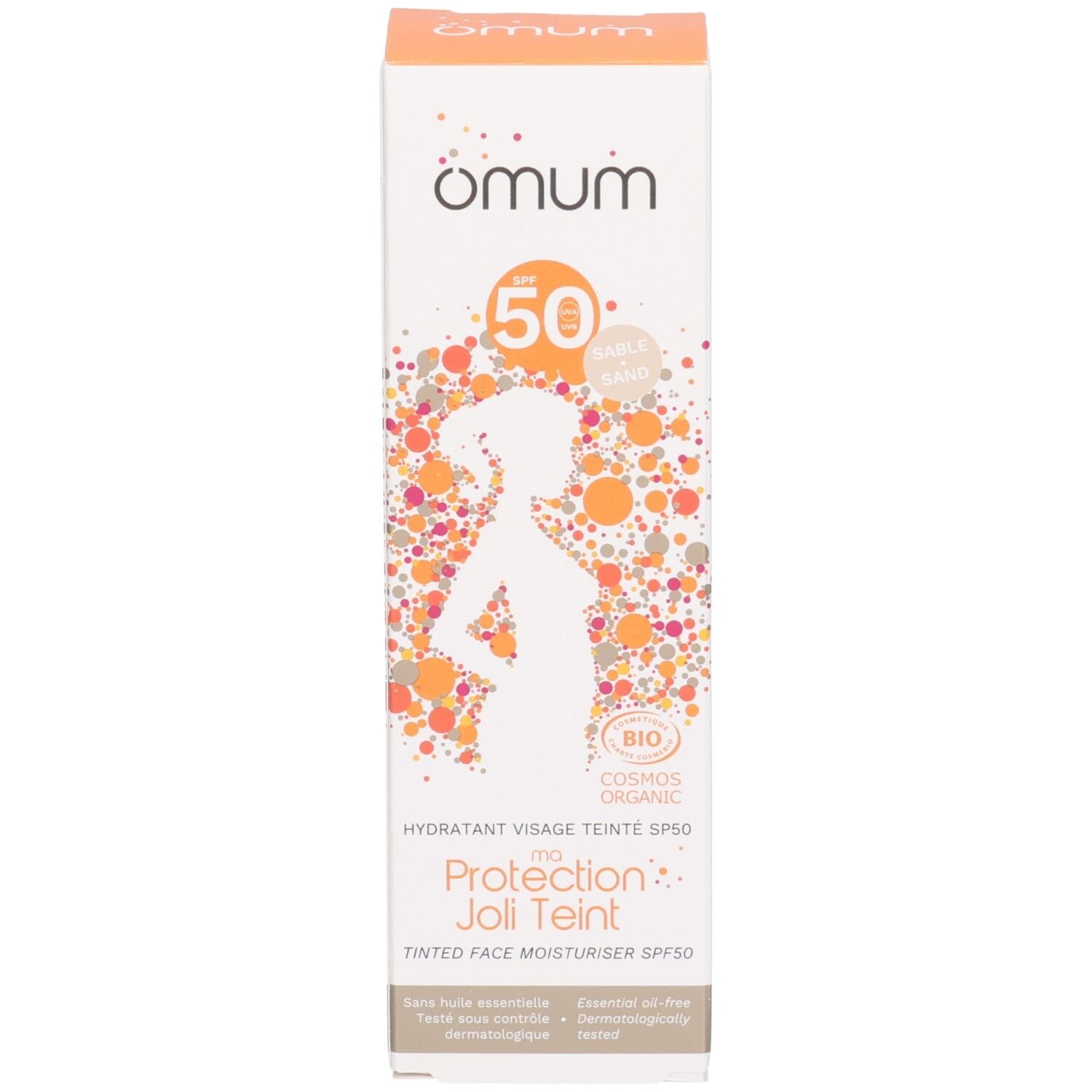 Crème solaire OMUM SPF 50, boîte avec silhouette féminine.