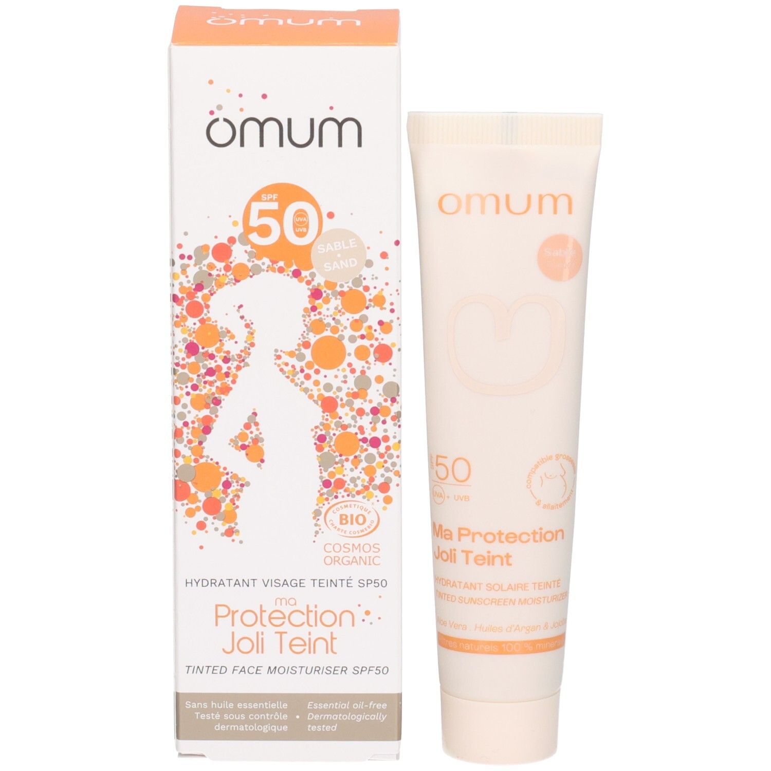 Crème solaire OMUM SPF 50, tube et boîte.