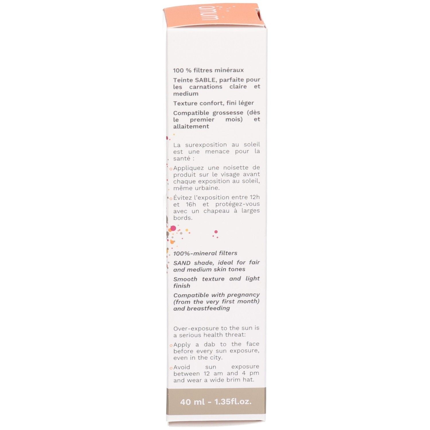 Crème solaire OMUM SPF 50, boîte avec indication de taille 40ml.