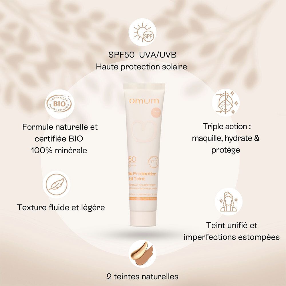 OMUM crème solaire SPF 50 : filtres 100% minéraux, formule naturelle, texture légère.
