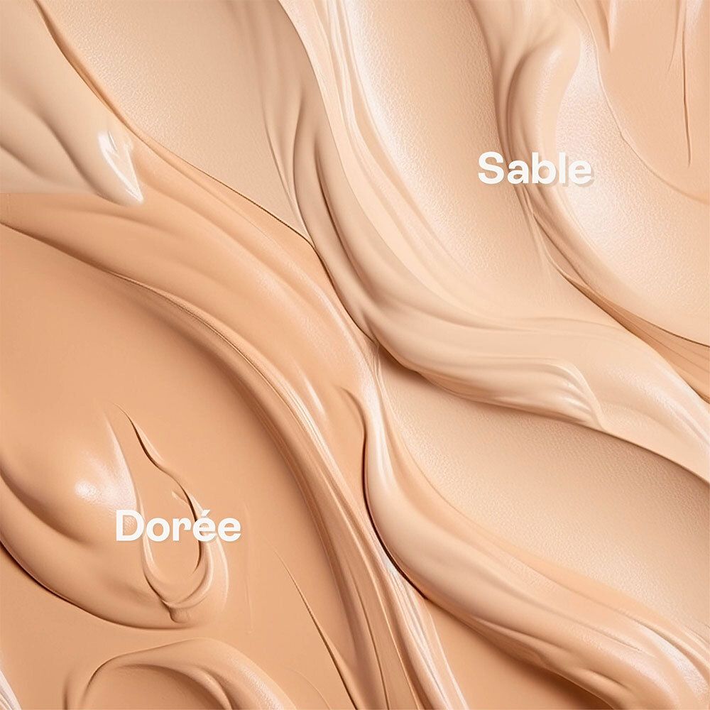 Échantillons de texture de la crème solaire teintée OMUM, teintes Sable et Dorée.