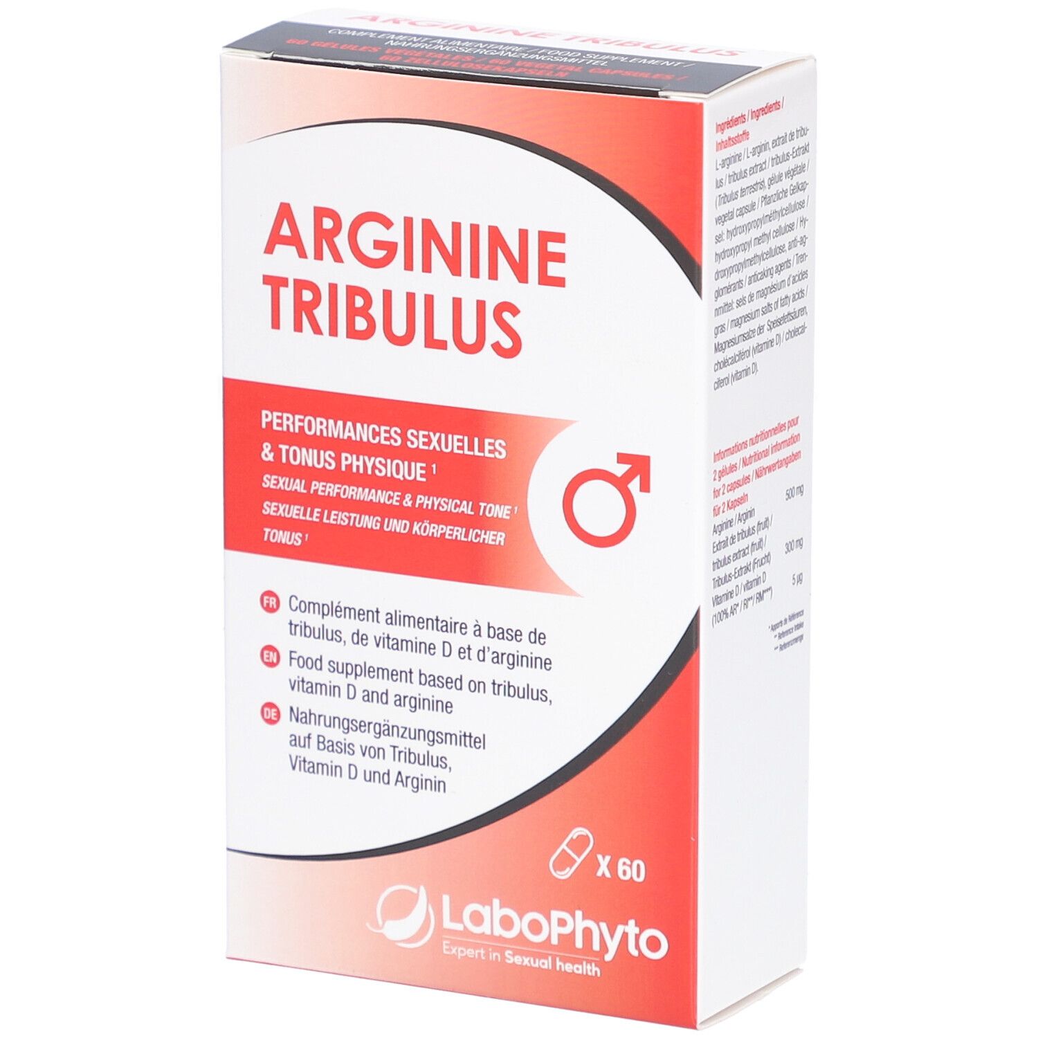 Boîte de complément alimentaire Arginine Tribulus. Contient 60 gélules. Logo LaboPhyto en bas.