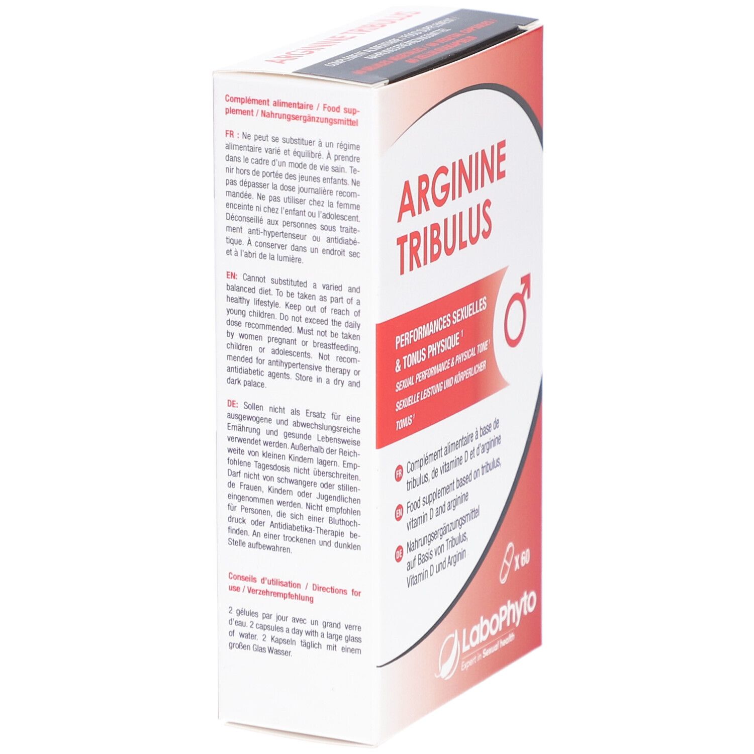 Boîte Arginine Tribulus, vue latérale. Texte en français, anglais et allemand. Logo LaboPhyto.