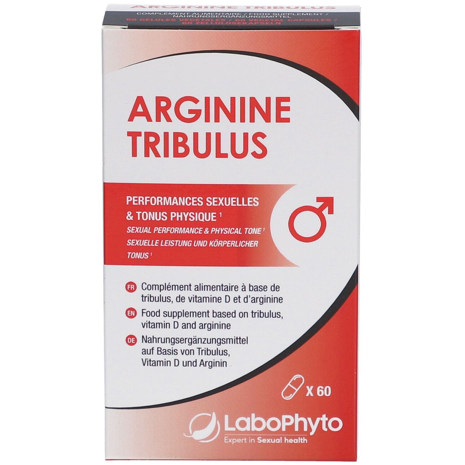 Boîte Arginine Tribulus, vue de face. Contient 60 gélules. Logo LaboPhyto en bas.