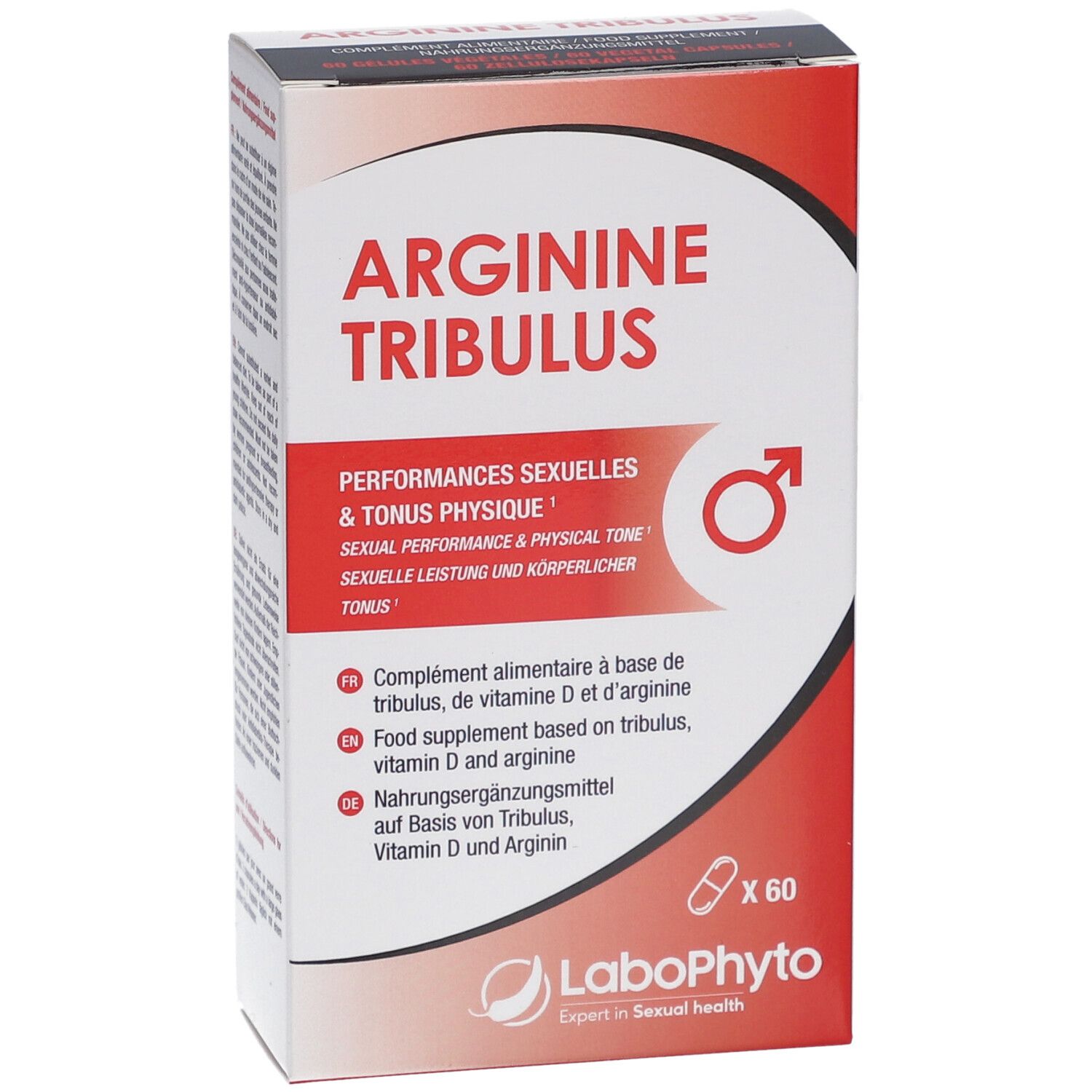 Boîte Arginine Tribulus, légèrement en biais. Contient 60 gélules. Logo LaboPhyto en bas.