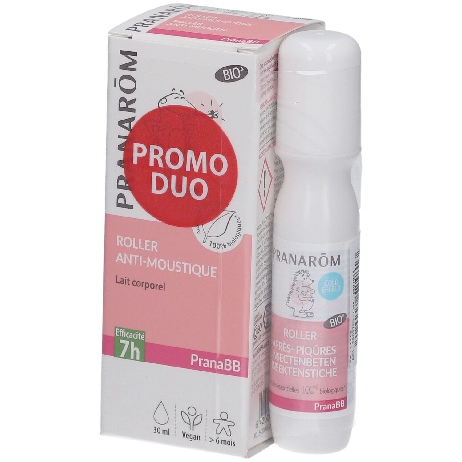Roller et boîte blancs. Boîte avec accents roses, texte: PRANAROM, PROMO DUO, ROLLER ANTI-MOUSTIQUE, 7h. Roller avec applicateur à bille.