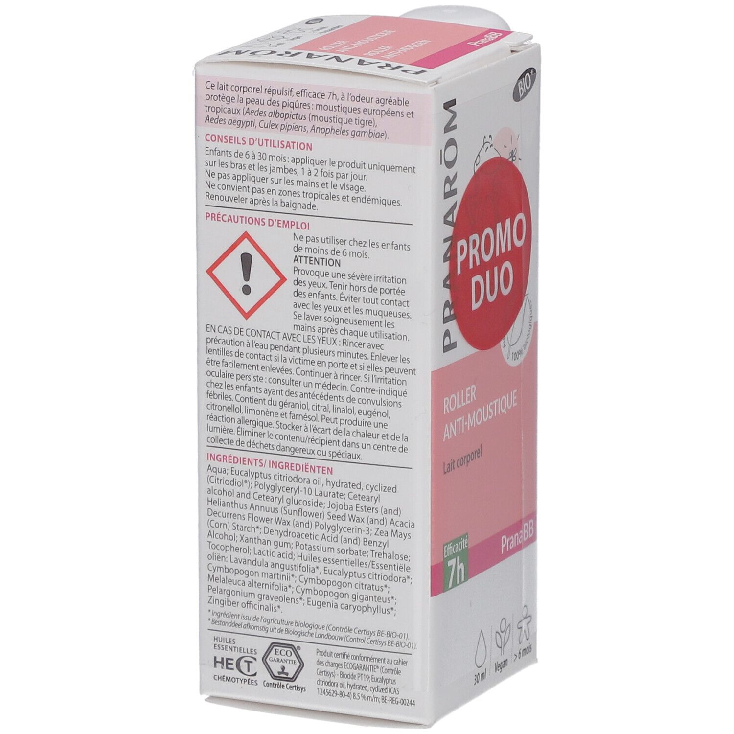 Boîte avec texte: PRANAROM, ROLLER ANTI-MOUSTIQUE, 7h. Dos avec instructions d'utilisation et ingrédients. Certification bio.