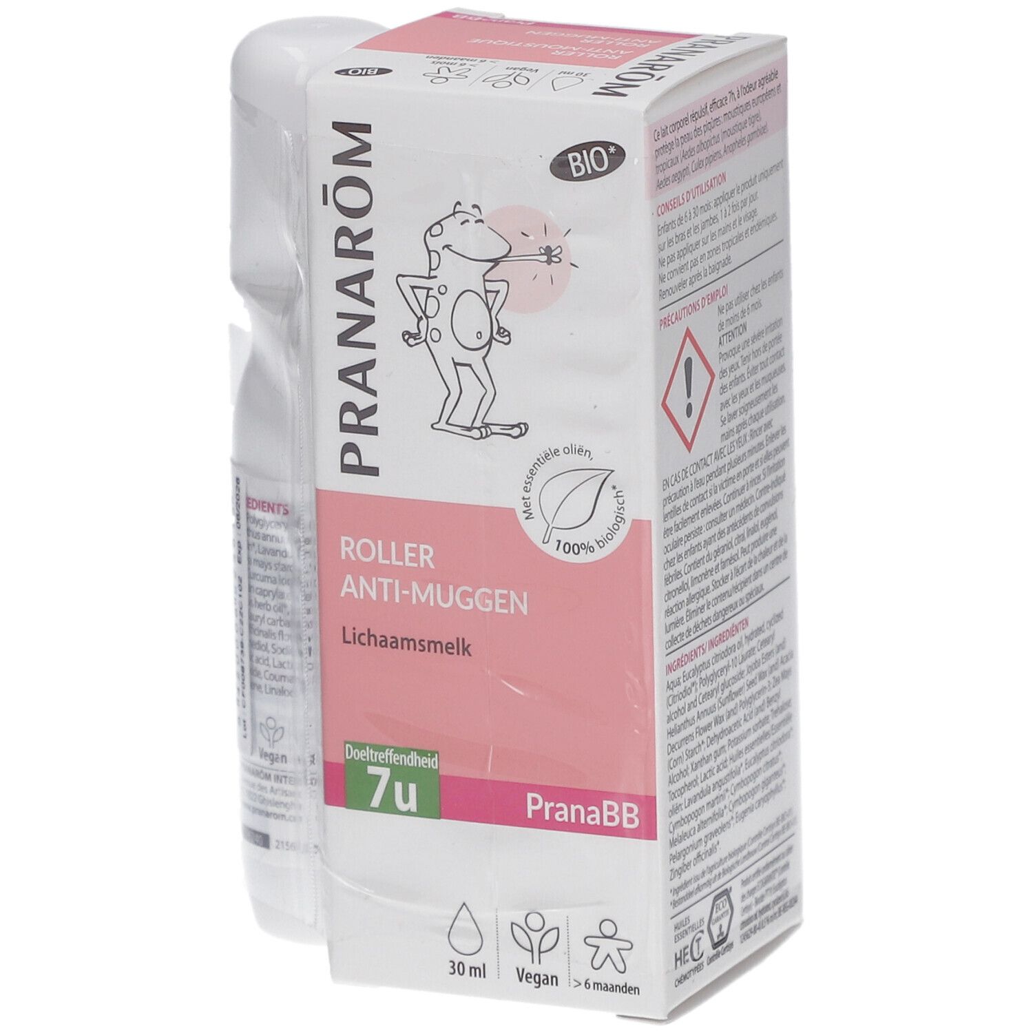 Boîte et roller. Boîte avec texte: PRANAROM, ROLLER ANTI-MUGGEN, 7u. Roller avec applicateur à bille. Certification bio.