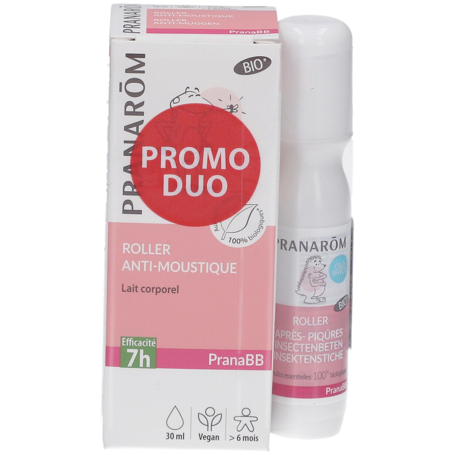 Pack Promo Duo PRANAROM et roll-on. Emballage rose avec roll-on blanc. Texte: PROMO DUO, ROLLER ANTI-MOUSTIQUE, 30 ml, Vegan.