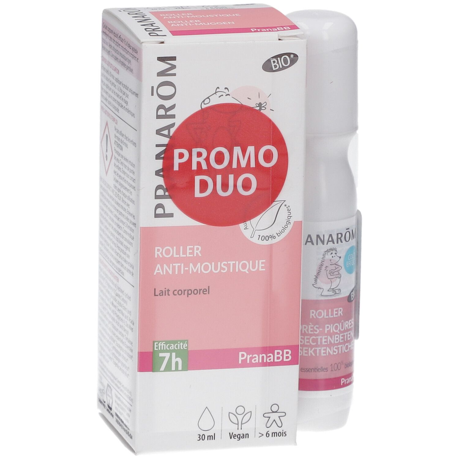 Pack Promo Duo PRANAROM et roll-on. Emballage rose avec roll-on blanc. Texte: PROMO DUO, ROLLER ANTI-MOUSTIQUE, 30 ml, Vegan.