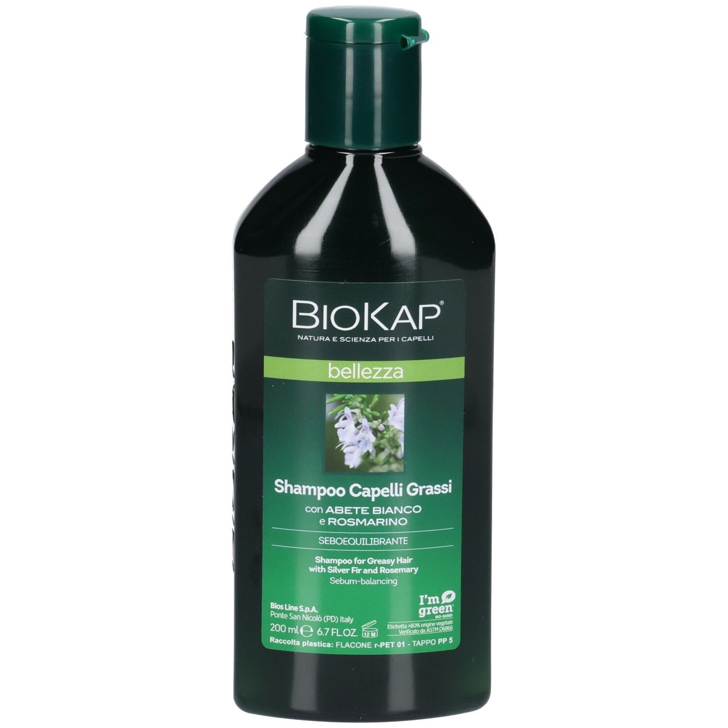 Flacon vert de shampooing BIOKAP. Inscription: bellezza, Shampoo Capelli Grassi. Avec sapin blanc et romarin. 200 ml.