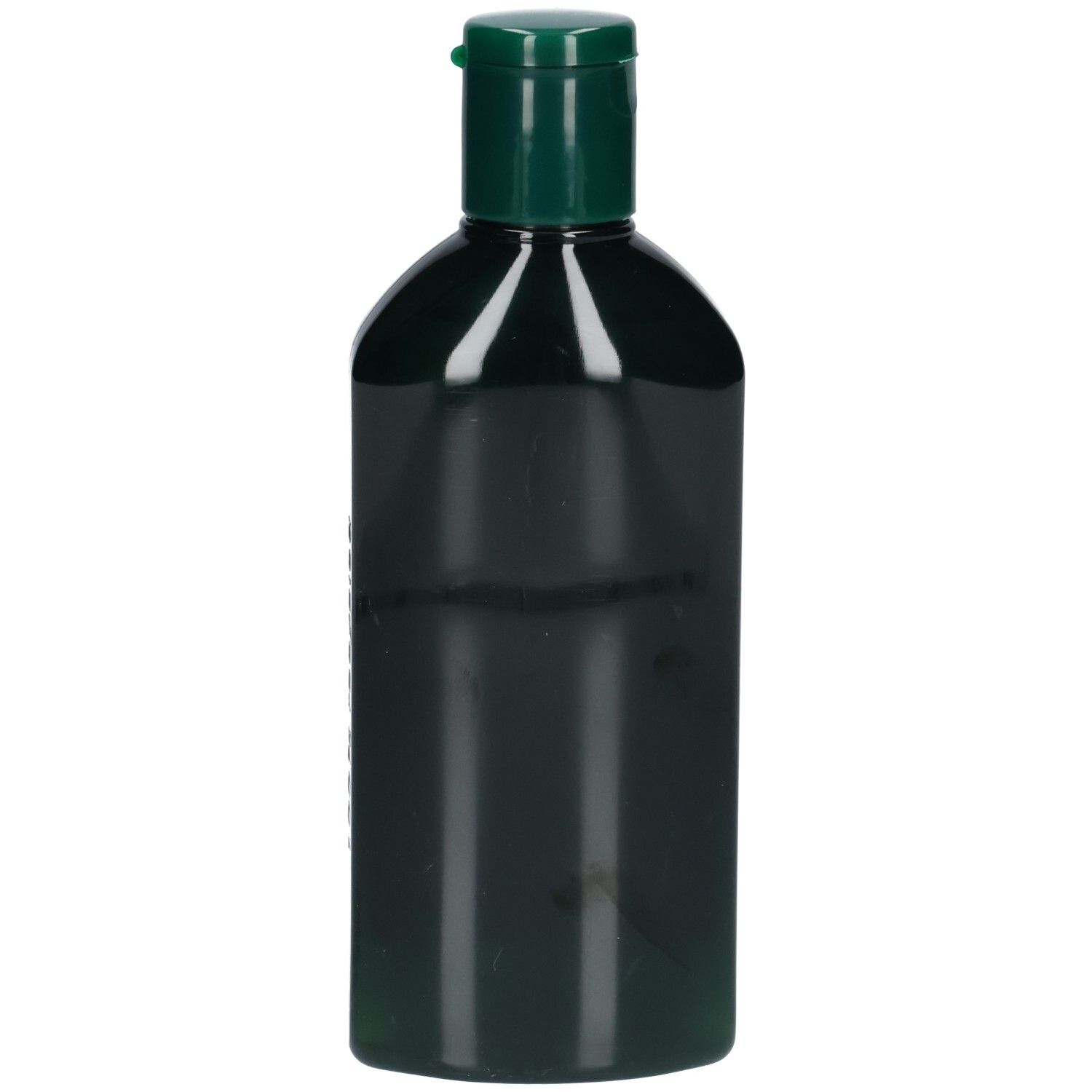 Flacon de shampooing vert avec bouchon vert. Dessus arrondi. Fond noir.
