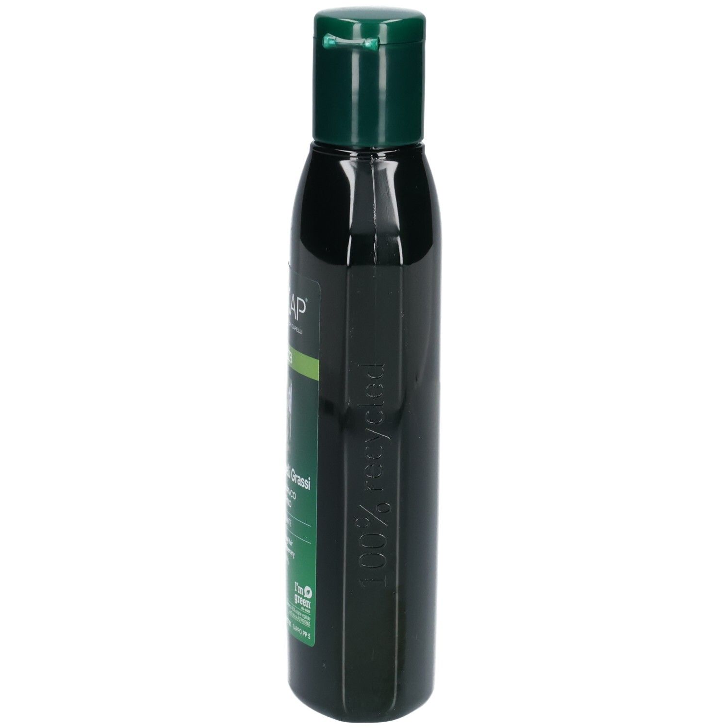 Flacon de shampooing vert, vue latérale. Inscription BIOKAP et informations produit. Bouchon vert.