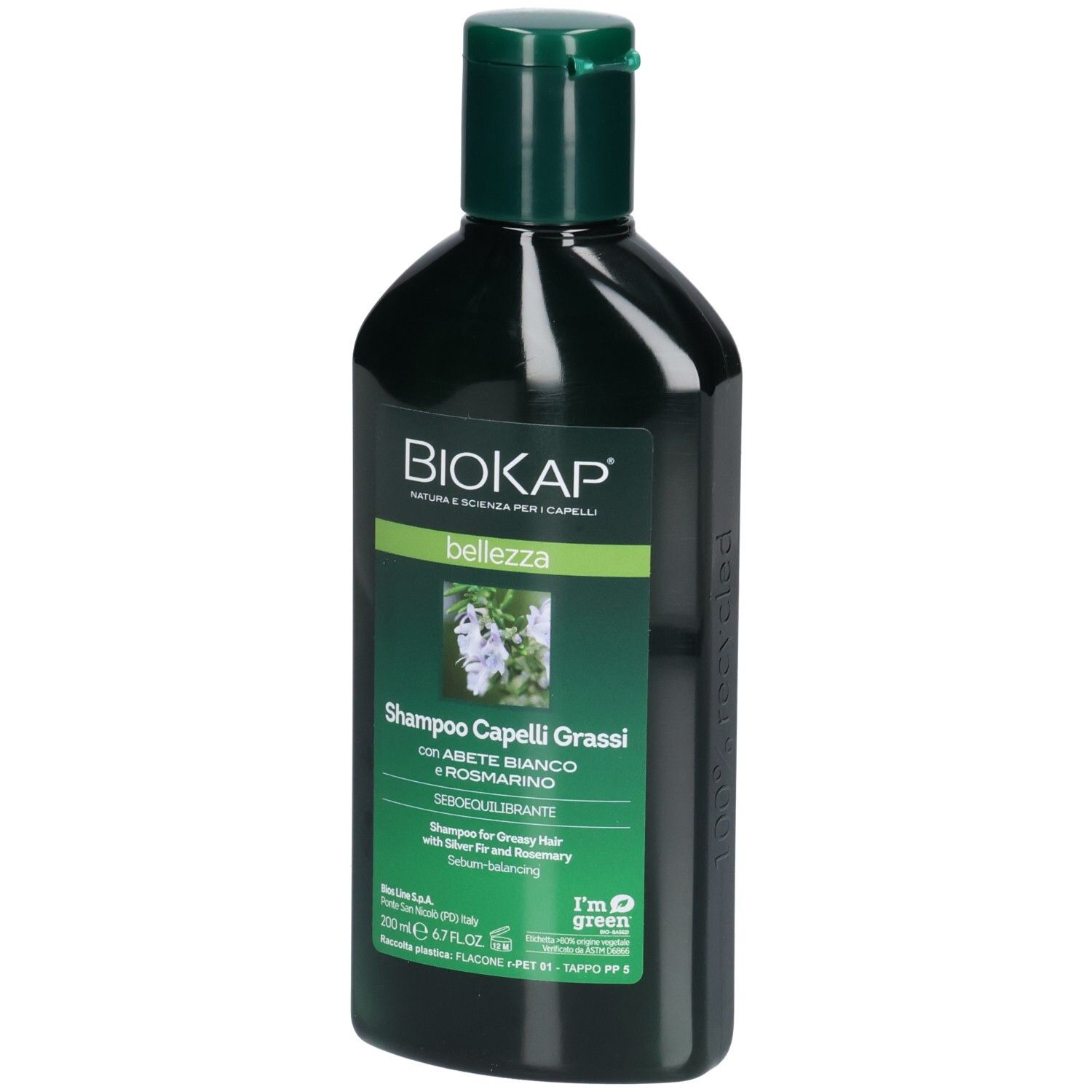 Flacon de shampooing vert. Inscription BIOKAP, bellezza, Shampoo Capelli Grassi. Avec sapin blanc et romarin. 200 ml.