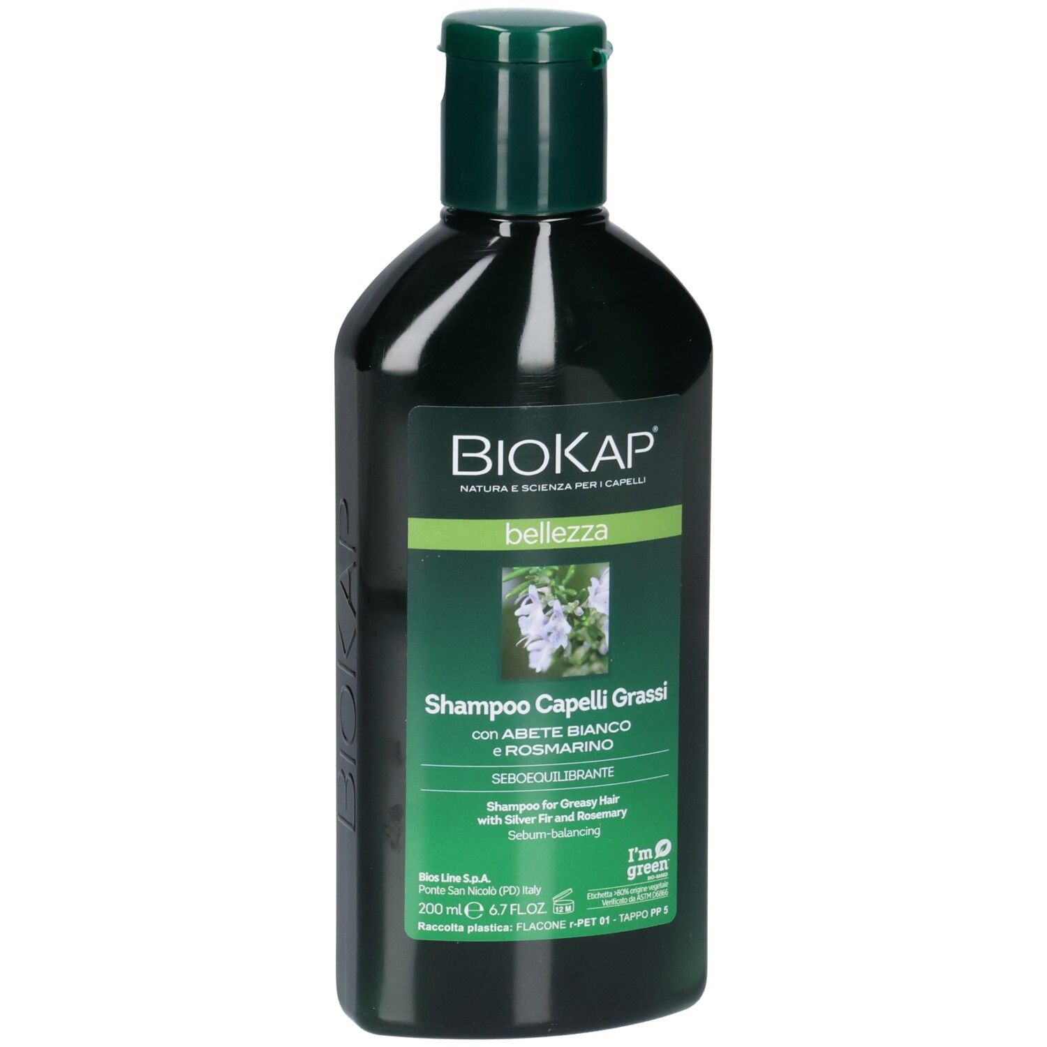 Flacon de shampooing vert. Inscription BIOKAP, bellezza, Shampoo Capelli Grassi. Avec sapin blanc et romarin. 200 ml.