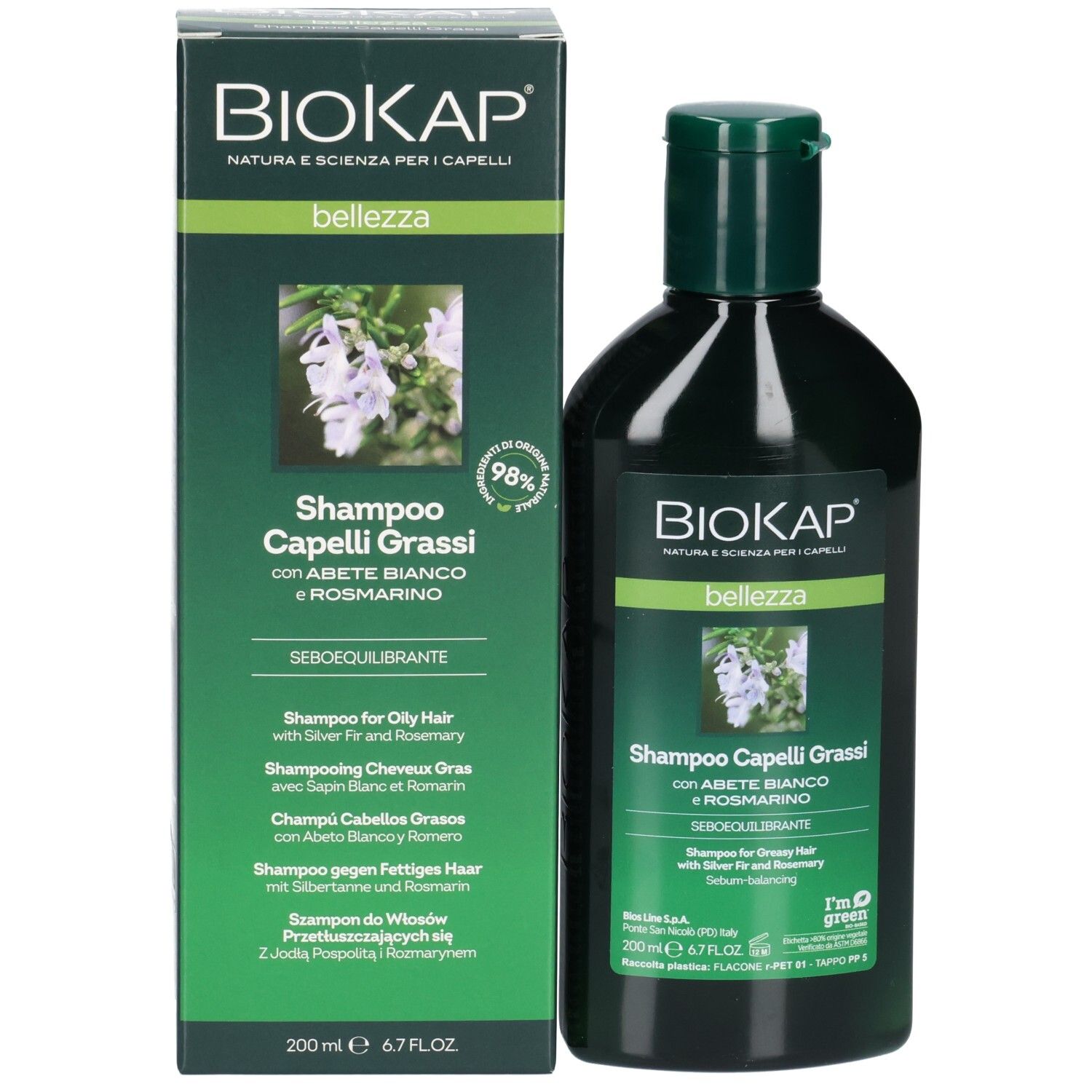 Emballage et flacon de shampooing BIOKAP. Emballage avec informations produit. Flacon: Shampoo Capelli Grassi, 200 ml.