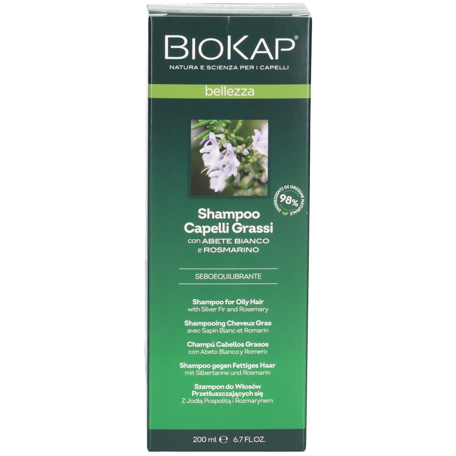 Emballage de shampooing BIOKAP. Informations produit sur l'emballage. Shampoo Capelli Grassi, 200 ml.