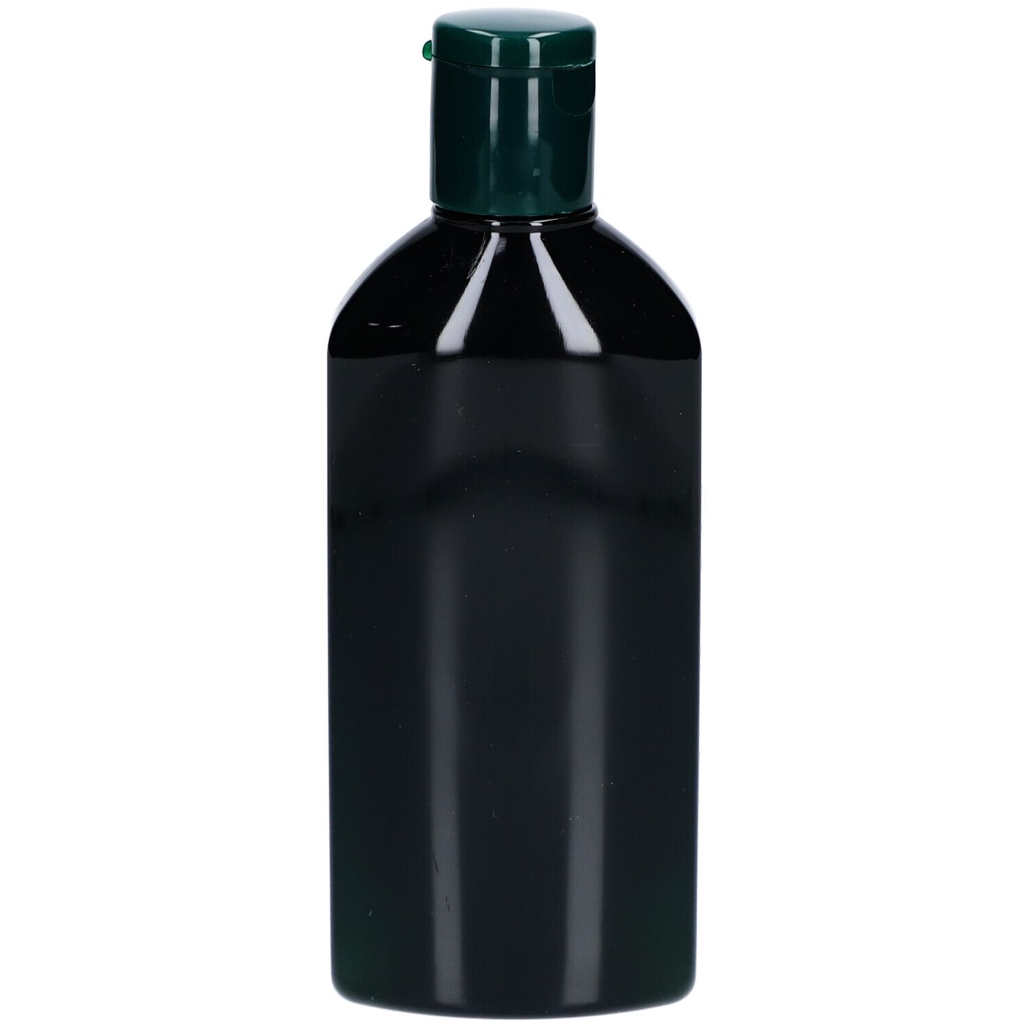 Flacon noir avec bouchon vert. Aucune désignation de produit visible.
