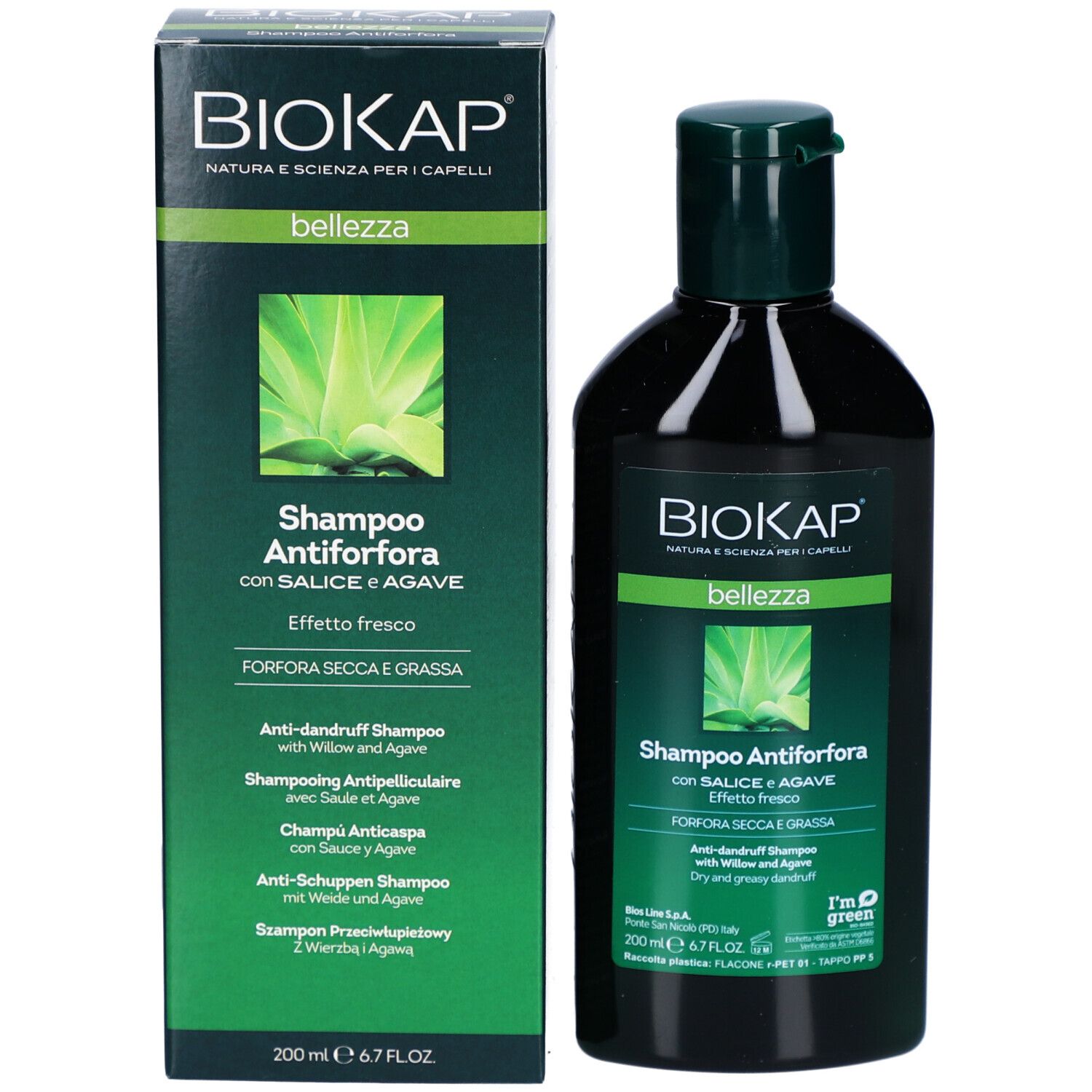 BIOKAP Shampoo Antipelliculaire avec emballage. Flacon noir avec bouchon vert. Emballage vert à côté.