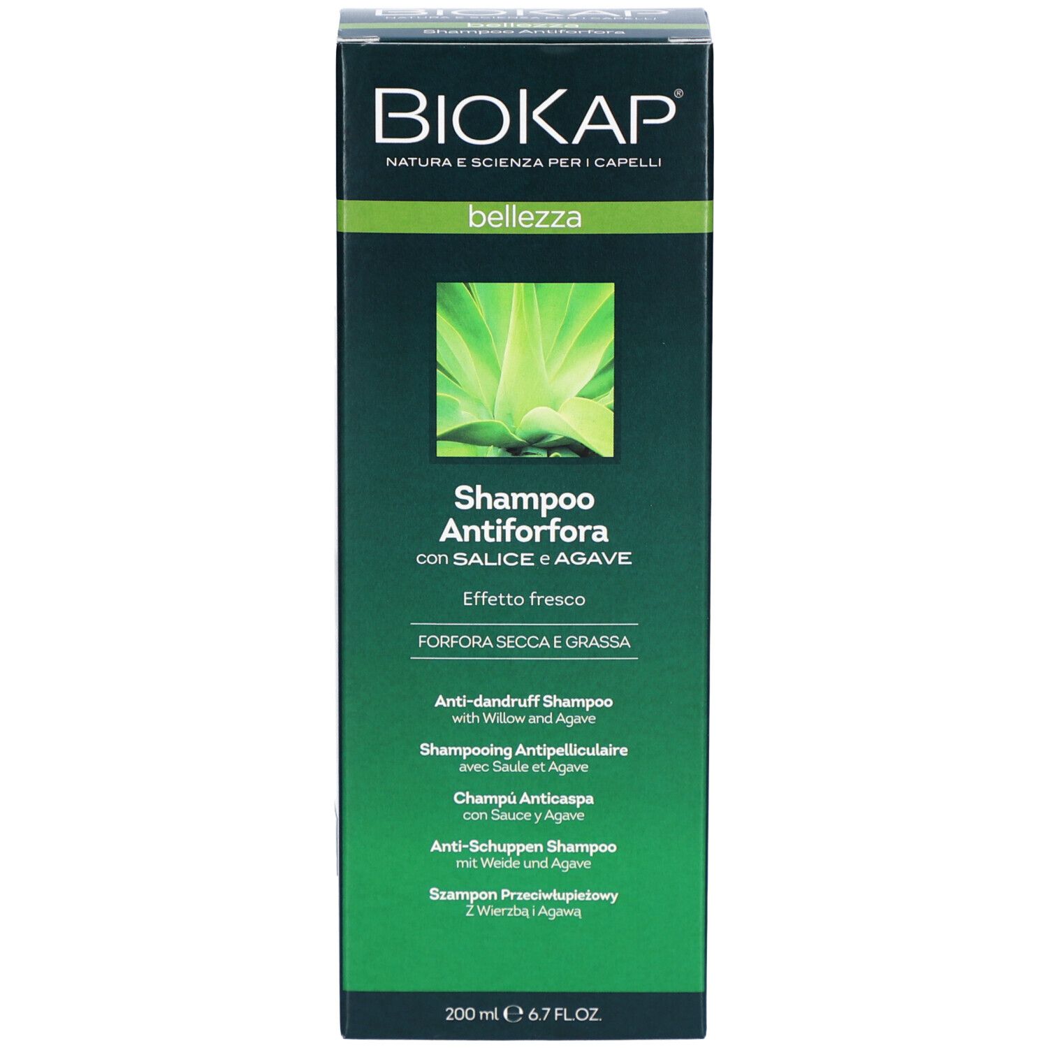 BIOKAP Shampoo Antipelliculaire avec emballage. Emballage vert avec informations produit.