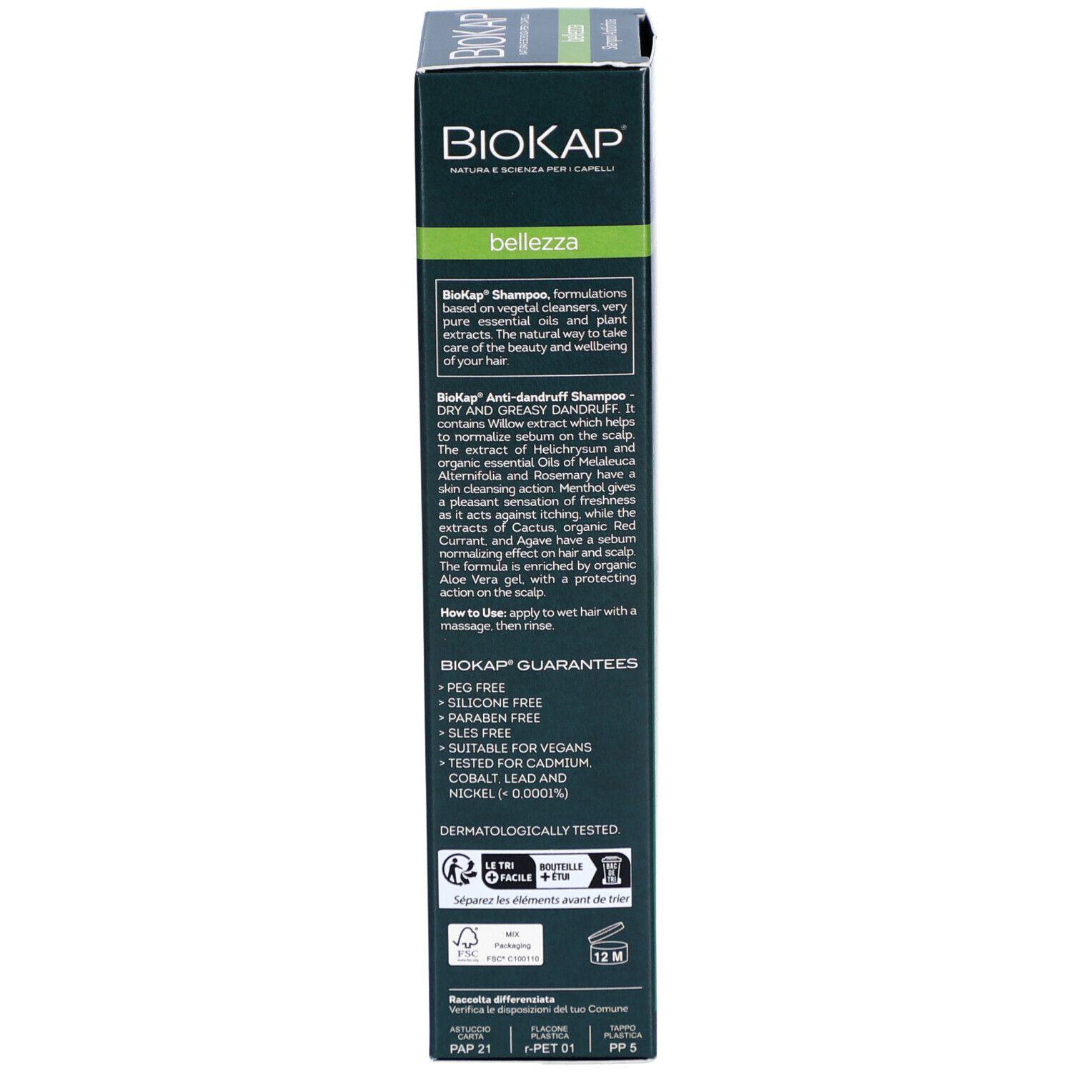 Emballage du shampooing BIOKAP, dos. Texte avec informations produit et certifications.