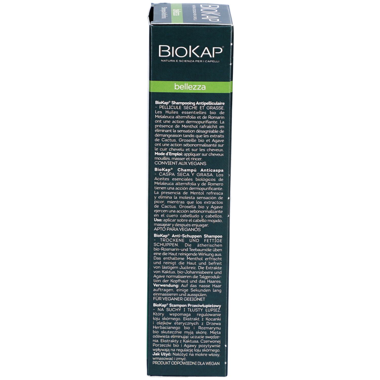 Emballage du shampooing BIOKAP, côté. Texte avec informations produit en plusieurs langues.